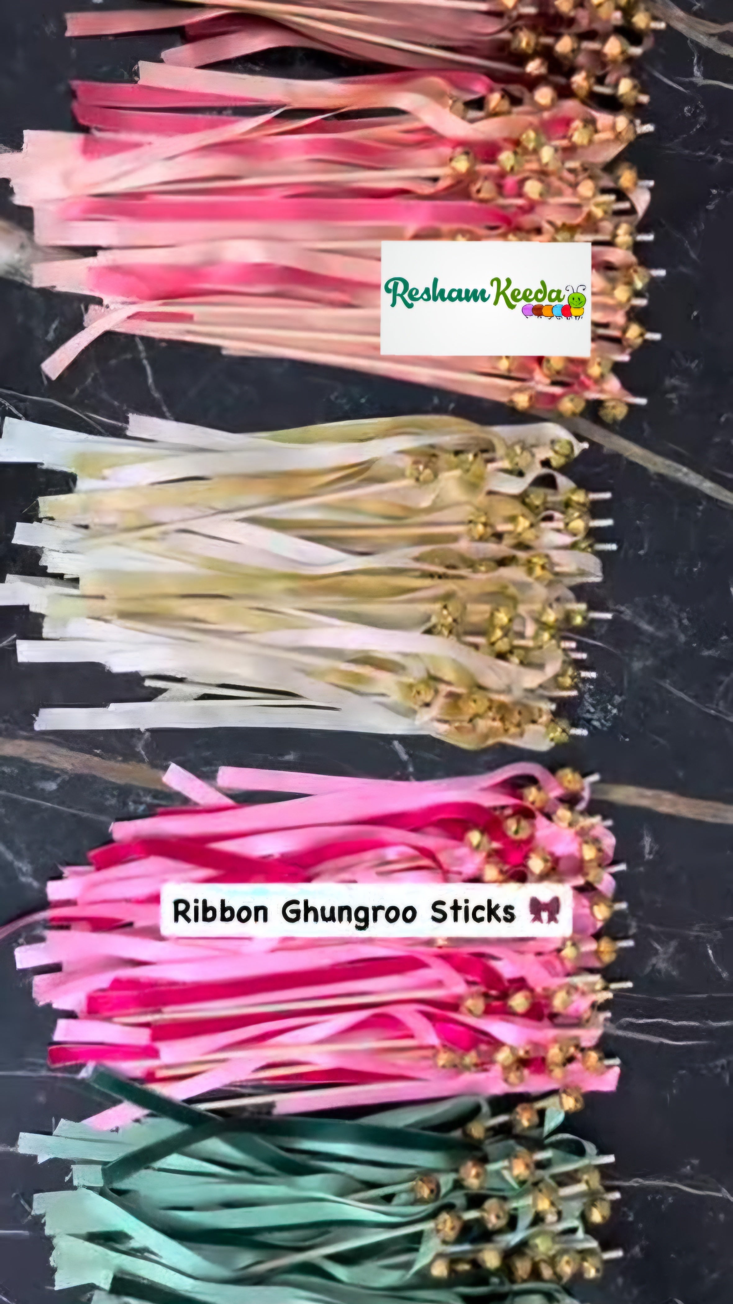 Beautiful Dual Color Satin Ribbon Wedding Bells Ghungroo Sticks Rattles for Welcoming Baby, Bride, Baraat Phera Haldi Mehendi Keertan Satsang Faag Faagotsav Krishna Janmotsav Janamashtmi Baby Shower Giveaways Return Gifts Gifting Favours (Pack of 20)