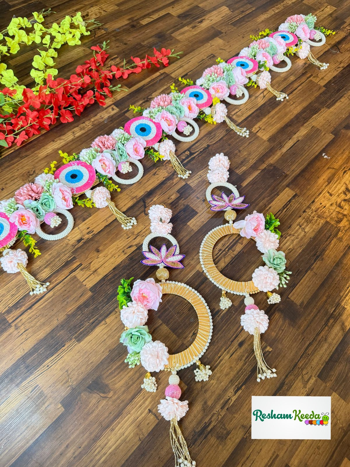 Beautifully Handcrafted Heavy Designer Floral Bandarwal Toran in Evil Eye Theme with Matching Hangings Combo For Diwali Grah Pravesh House Warming Wedding Festival Home Decoration (Pink)