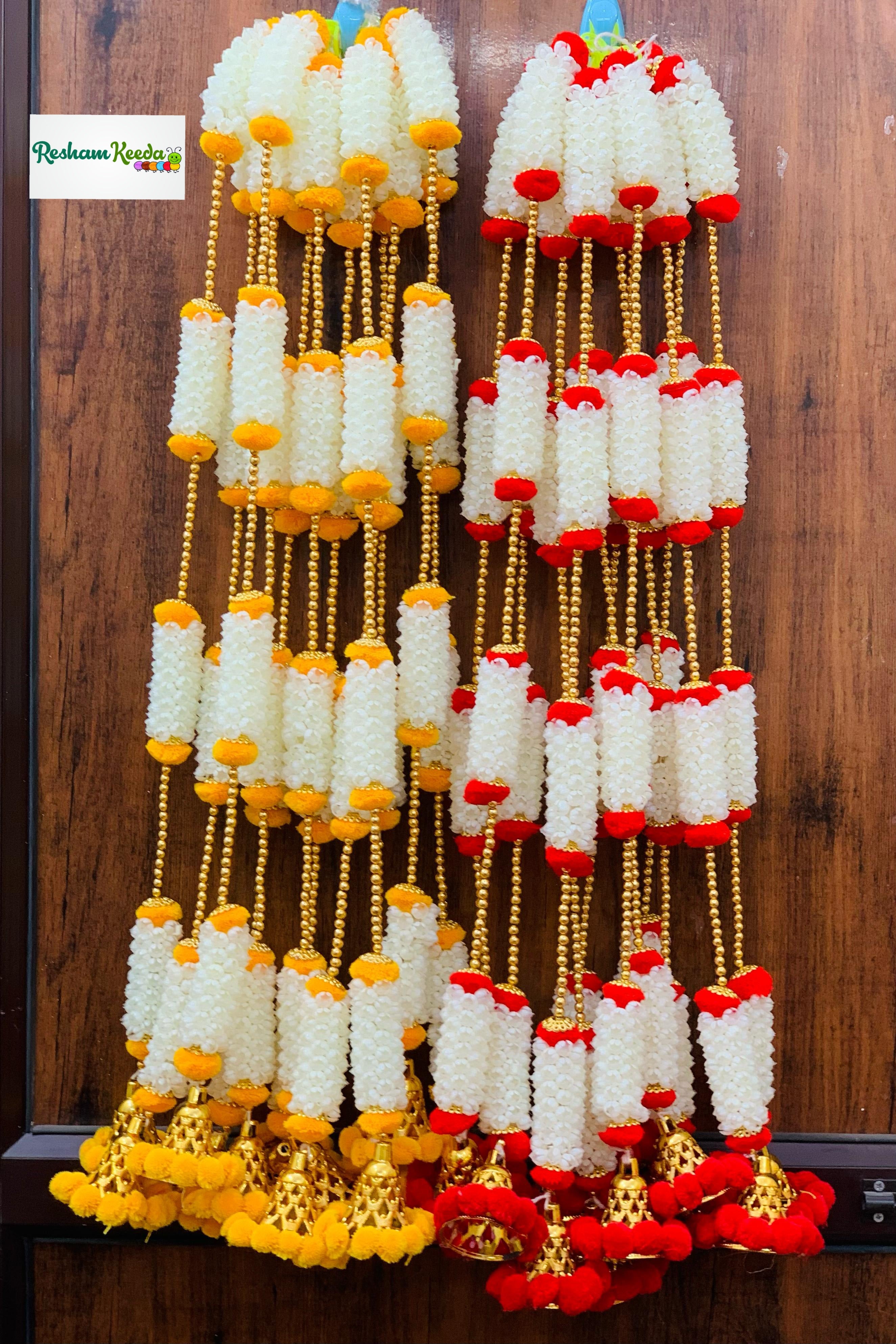 Beautiful Handcrafted White Mogra with Golden Bell Strings Wall Ceiling Staircase Hanging Latkan for Diwali Ganesh Utsav Chaturthi Janamashtmi Rakshanbandhan Eid Festival Haldi Mehendi Wedding Home Decoration (Red; Pack of 6)