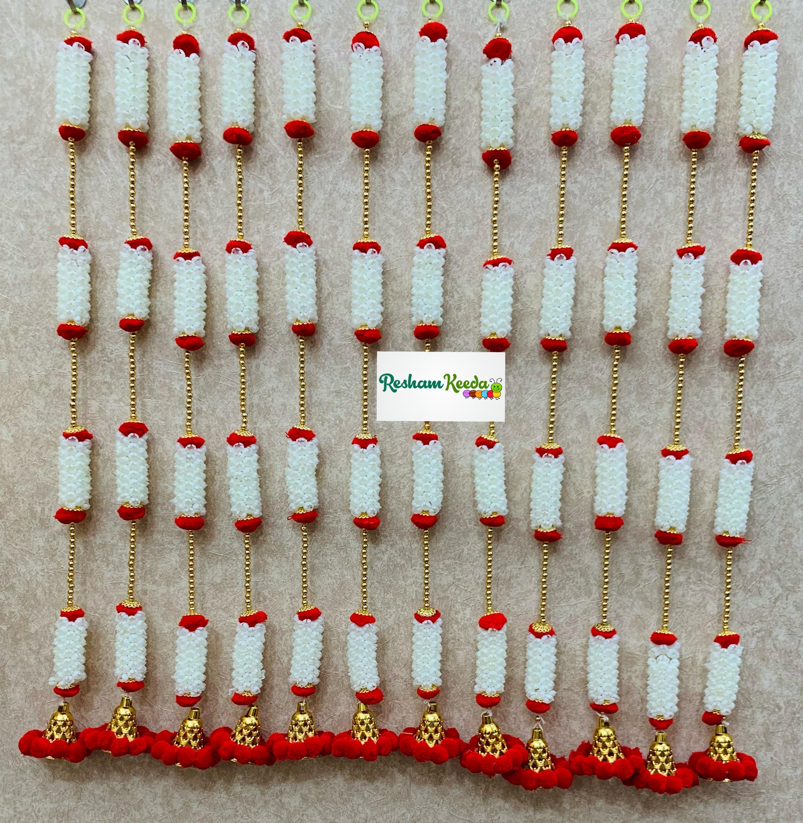 Beautiful Handcrafted White Mogra with Golden Bell Strings Wall Ceiling Staircase Hanging Latkan for Diwali Ganesh Utsav Chaturthi Janamashtmi Rakshanbandhan Eid Festival Haldi Mehendi Wedding Home Decoration (Red; Pack of 6)