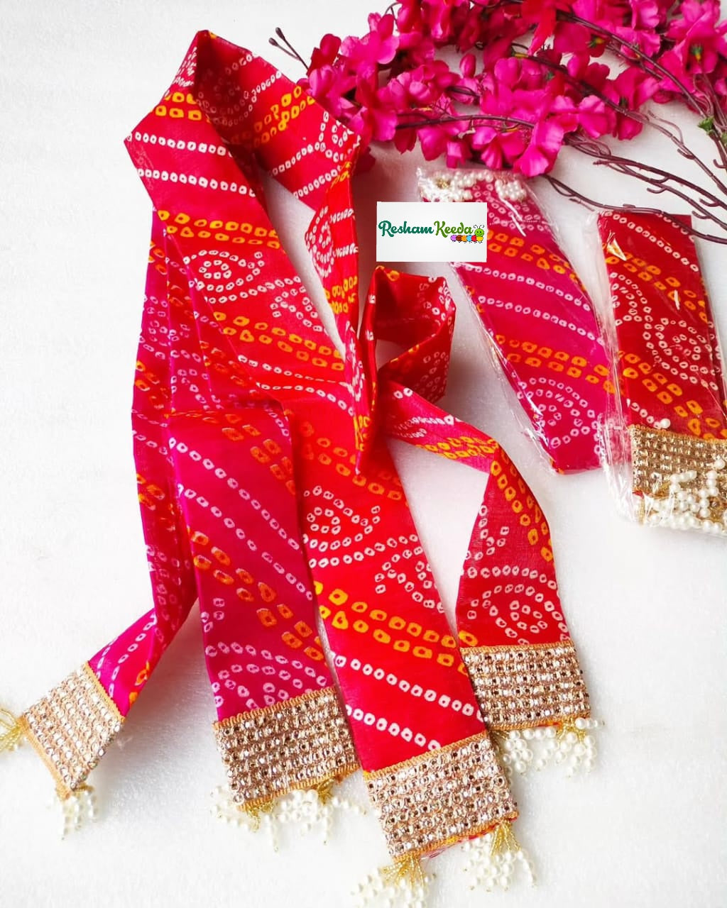 Beautiful Rajasthani Bandhej Bandhani Print with Heavy Gota Border and Tussel Stole Mala Dupatta Patka for Swagat Baraat Haldi Mehendi Wedding Festive Gifting Giveaways (Pack of 10)