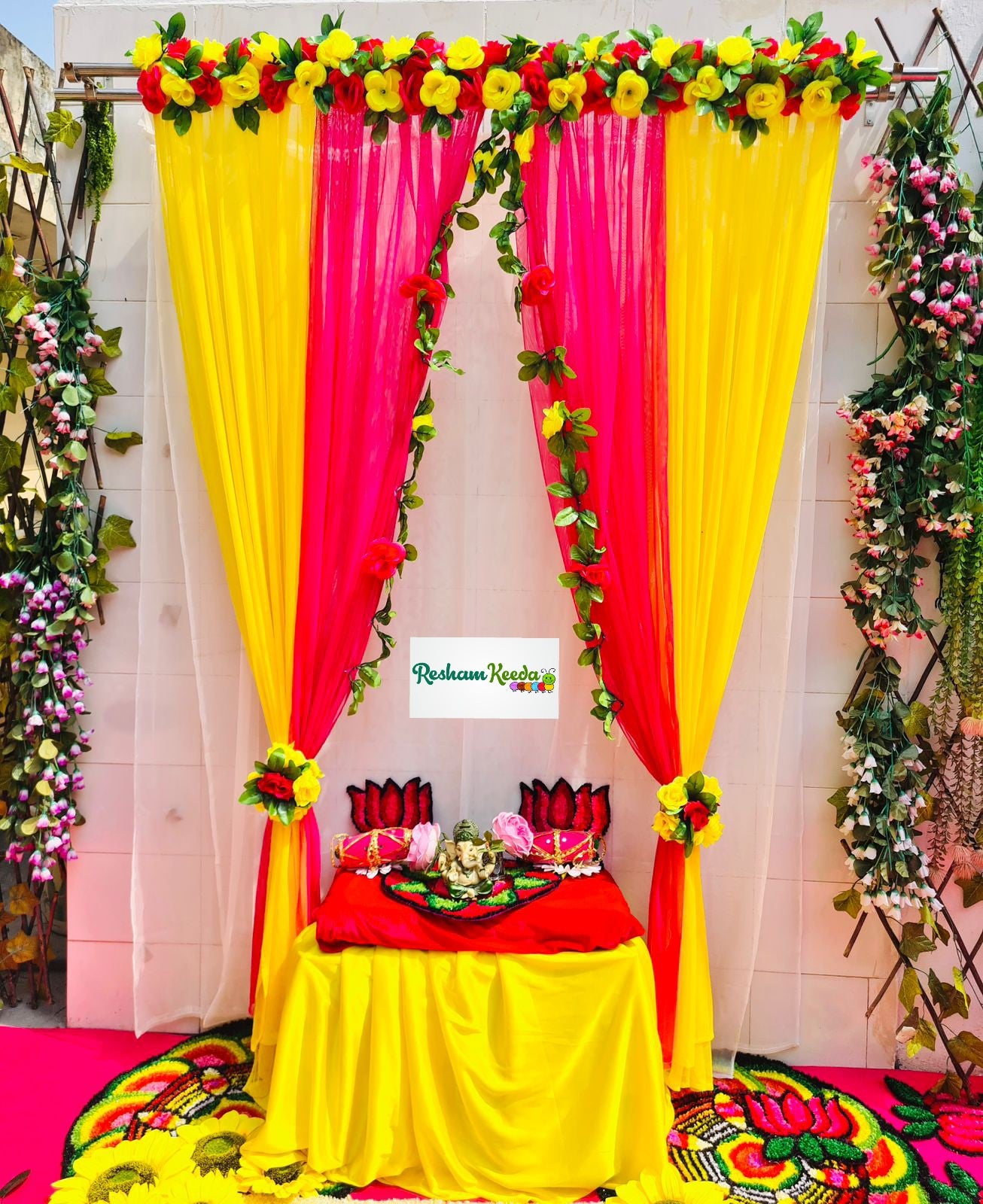 Easy-to-Hang Rose Flower Panel Curtain Backdrop for Haldi Mehandi Wedding Durga Pooja Ganesh Chaturthi Rakshabandhan Krishna Janamashtmi Teej Festive Home Decoration