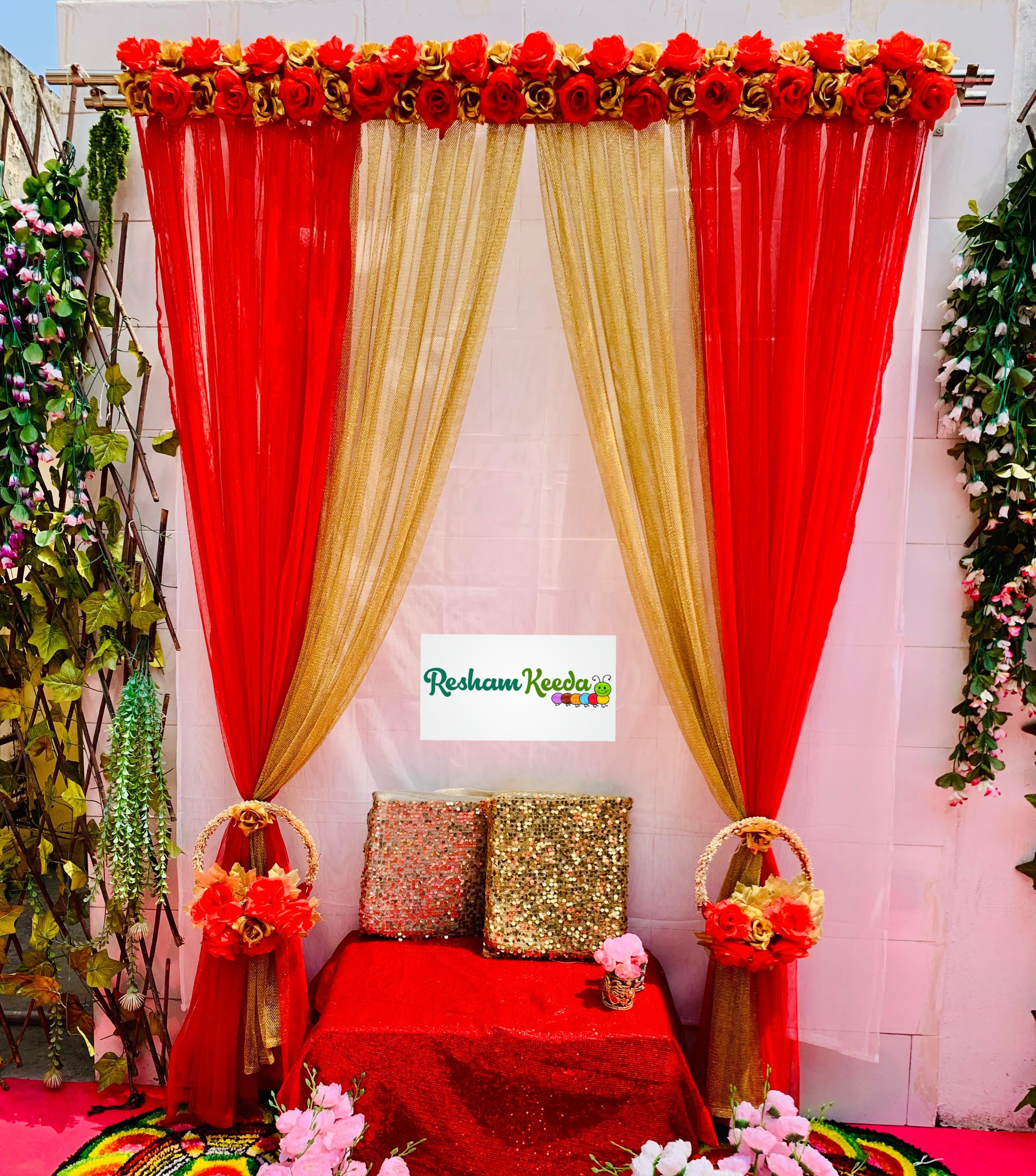 Easy-to-Hang Red Golden Rose Flower Panel Curtain Backdrop for Haldi Mehandi Wedding Durga Pooja Ganesh Chaturthi Rakshabandhan Krishna Janamashtmi Teej Festive Home Decoration