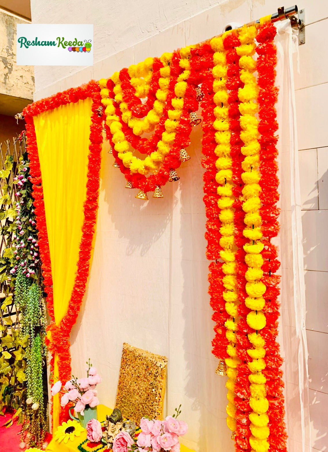 Beautiful Festive Marigold Curtain Backdrop with Bells and Tassels for Haldi / Mehandi / Festive / Wedding Home Decoration