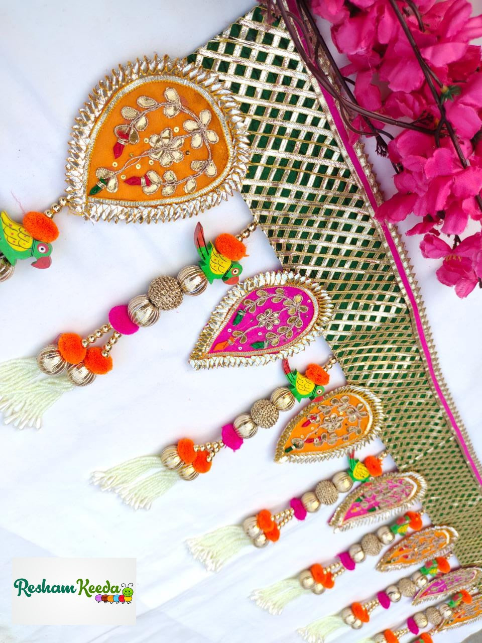 Premium Quality Designer Handcrafted Traditional Gota Patti Bandarwal Toran Bandhanwar with Beautiful Pearl and Parrot Tussels For Diwali Festival Door Home Decoration Grah Pravesh and Wedding Gifting