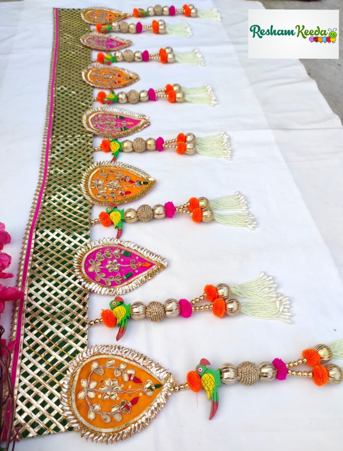 Premium Quality Designer Handcrafted Traditional Gota Patti Bandarwal Toran Bandhanwar with Beautiful Pearl and Parrot Tussels For Diwali Festival Door Home Decoration Grah Pravesh and Wedding Gifting