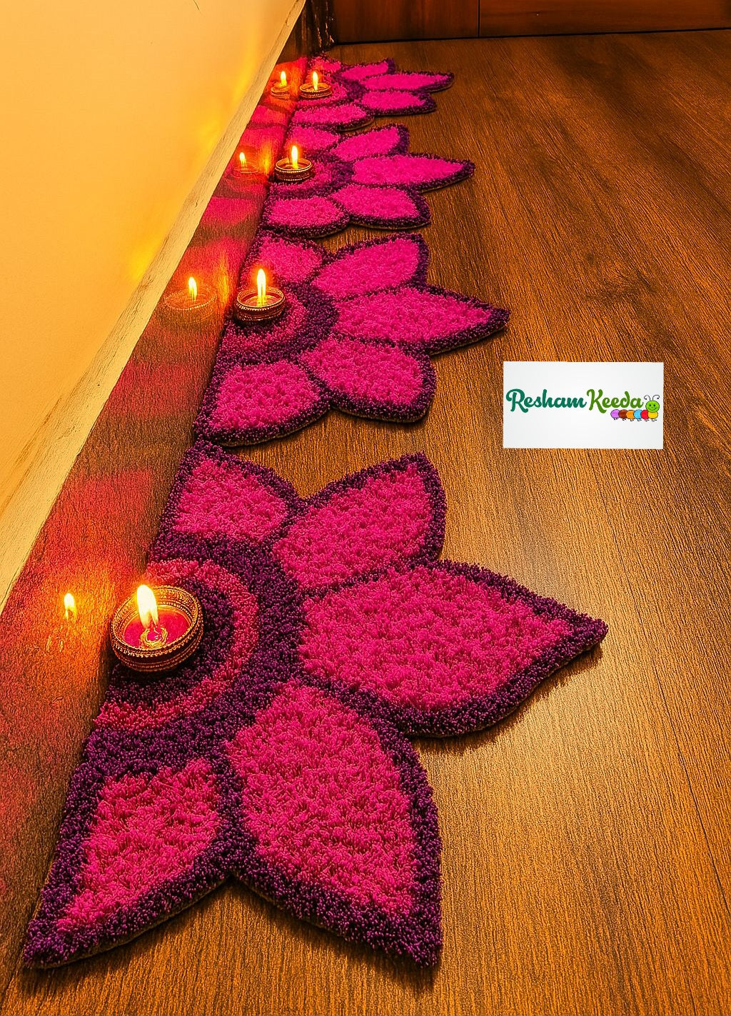 Beautiful Lotus Theme Feather Yarn Readymade Rangoli Mats for Corner and Staircase Home Decoration in Diwali Navratri Festival Wedding and Gifting (Set of 4 pieces)