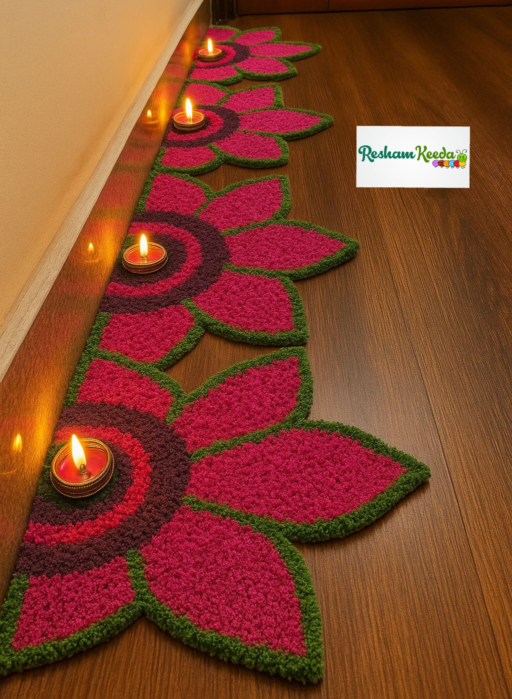 Beautiful Lotus Theme Feather Yarn Readymade Rangoli Mats for Corner and Staircase Home Decoration in Diwali Navratri Festival Wedding and Gifting (Set of 4 pieces)