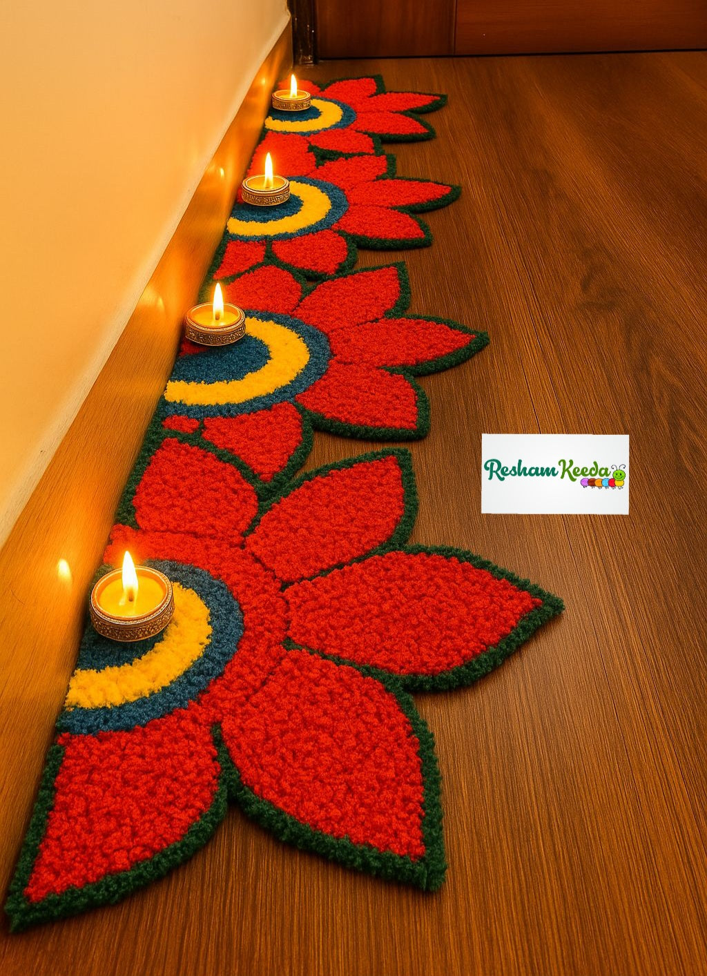 Beautiful Lotus Theme Feather Yarn Readymade Rangoli Mats for Corner and Staircase Home Decoration in Diwali Navratri Festival Wedding and Gifting (Set of 4 pieces)