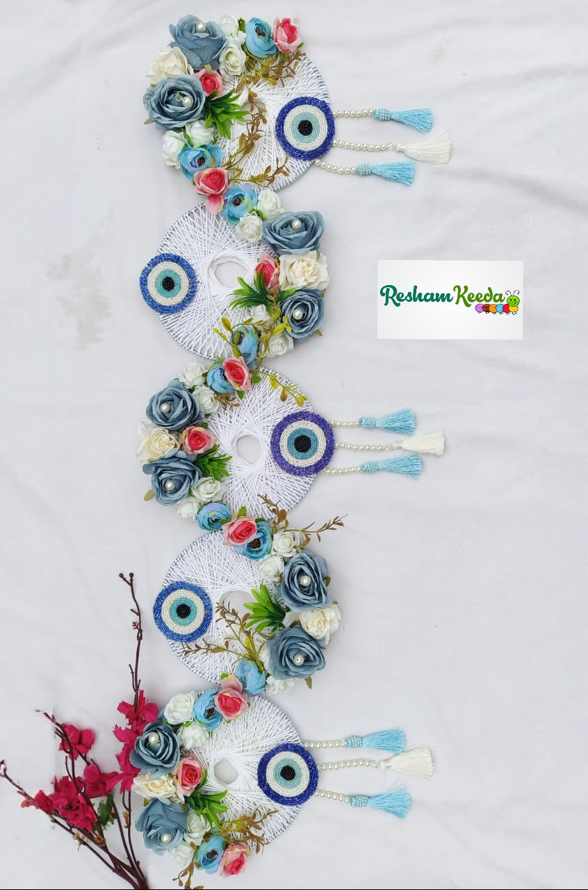 Designer Handcrafted Macrame Makruk Ring Floral Bandarwal Toran in Evil Eye Theme For Diwali Grah Pravesh House Warming Wedding Festival Home Decoration and Gifting