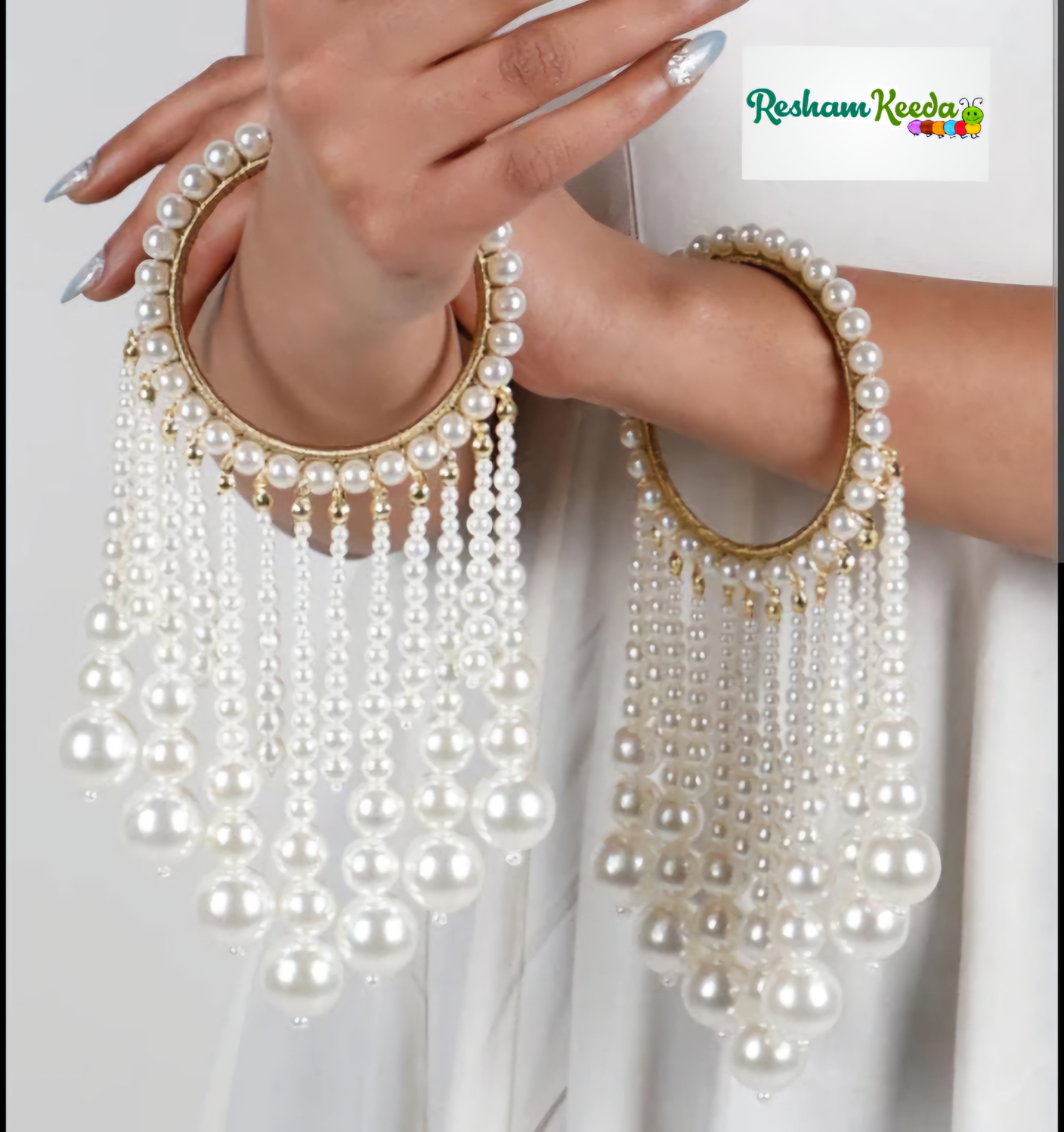 Beautiful Customizable White Motifs Pearl Bangles Kaleere Latkan Pair for Haldi Mehendi Sangeet Anand Karaj Ceremony Wedding and All Other Events