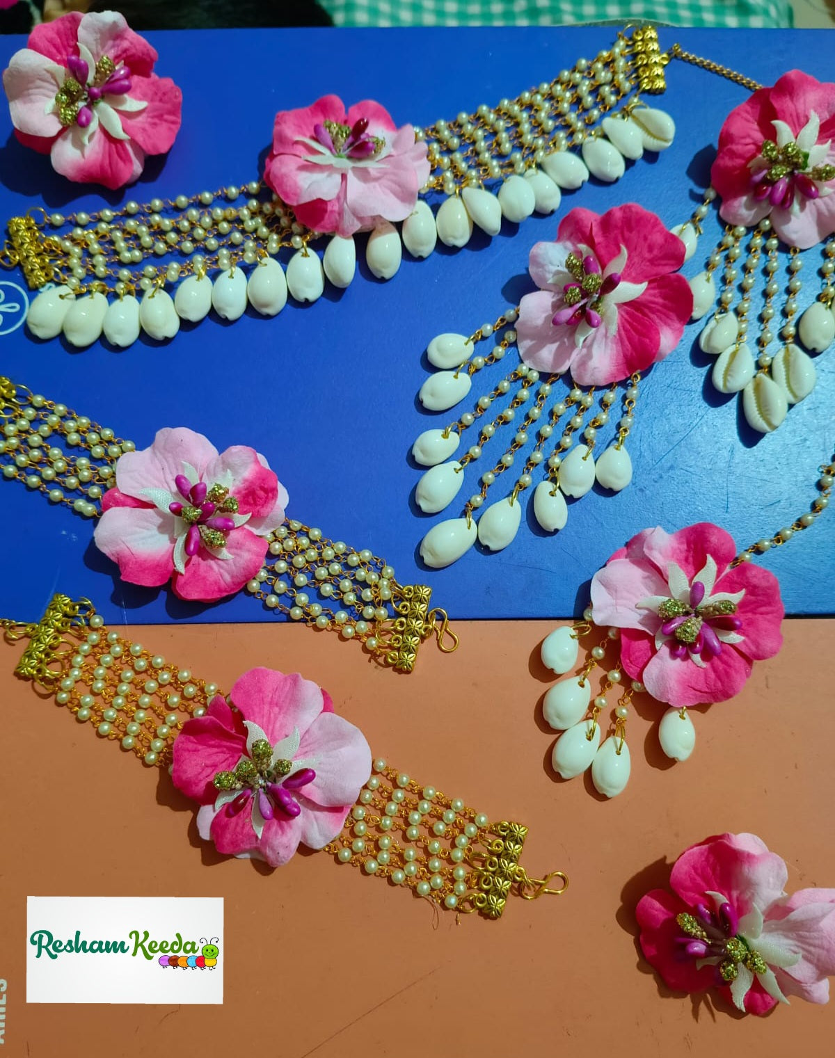 Beautiful Customizable Floral Kaudi Motifs Complete Jewelery Set for Baby Shower, Haldi Mehendi Ceremony Wedding and All Other Events