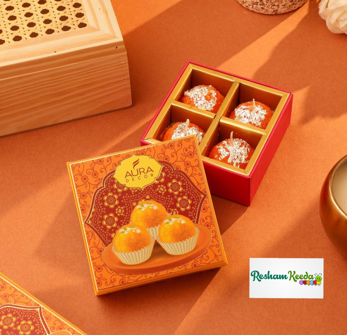 Budget Friendly Sweets Mithai Boxes of Scented Soy Wax Motichoor Laddo Candles Perfect  for Diwali Navratri Decoration Gifting Giveaways and Return Favours (Pack of 2 boxes)