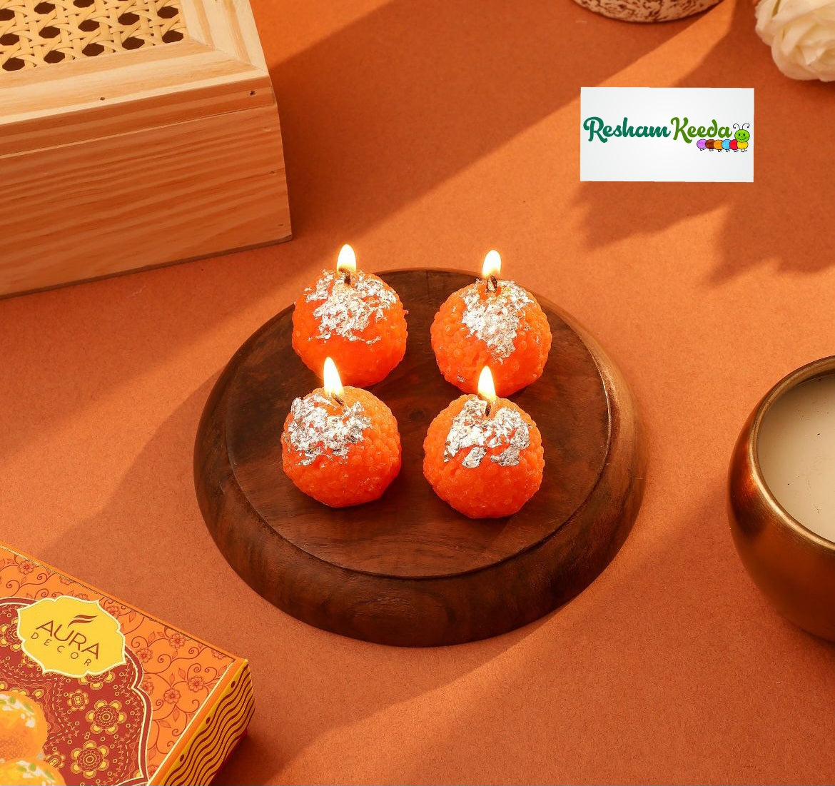 Budget Friendly Sweets Mithai Boxes of Scented Soy Wax Motichoor Laddo Candles Perfect  for Diwali Navratri Decoration Gifting Giveaways and Return Favours (Pack of 2 boxes)