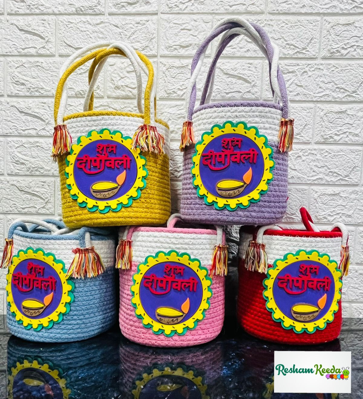 Budget Friendly Exclusive and Premium Shubh Deepawali Happy Diwali Cotton Baskets for Diwali Festive Gifting Return Favours Giveaways and Multipurpose Storage Usage