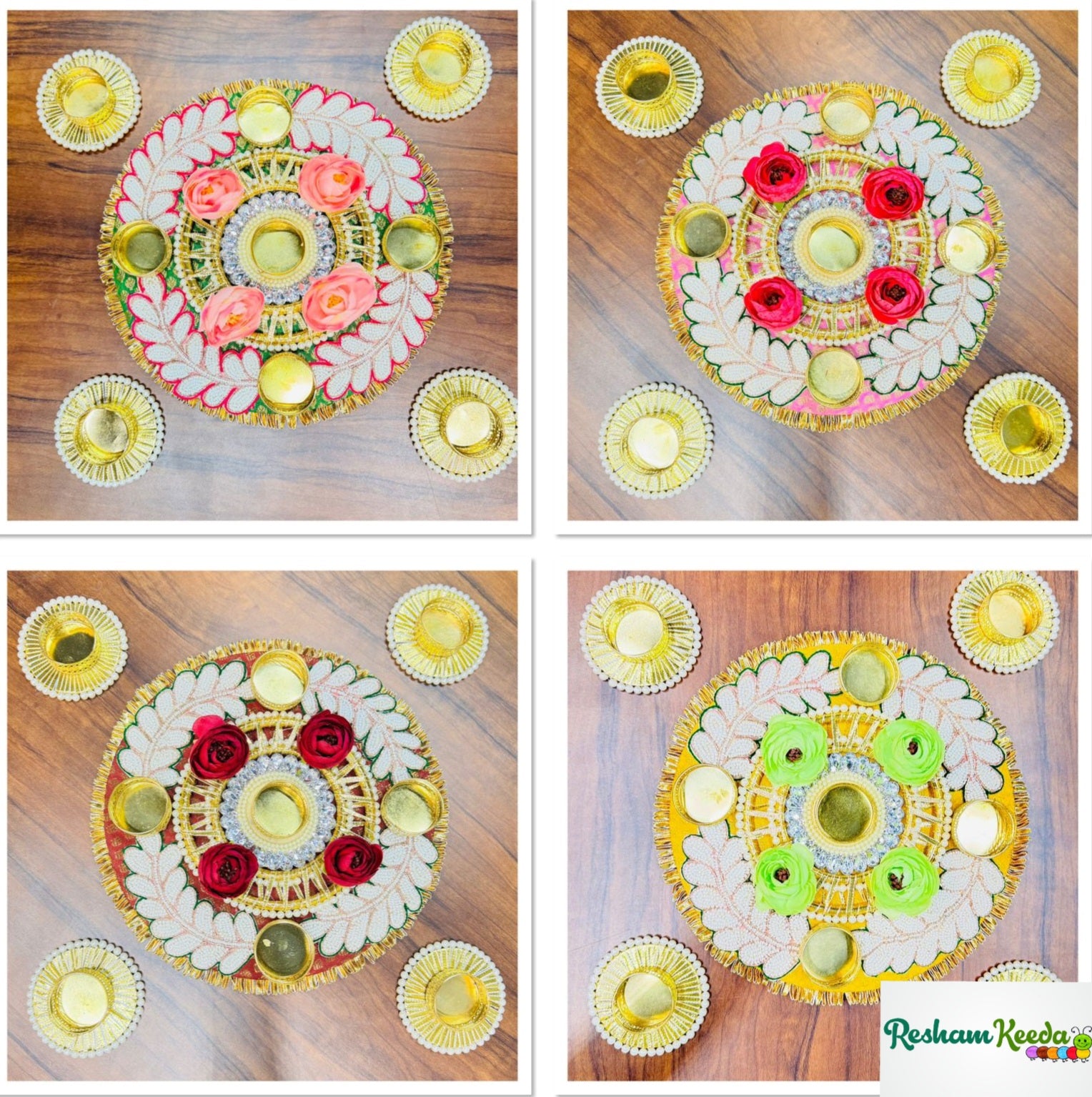 Beautiful Handcrafted Floral Leaves Readymade Rangoli Platter with Candle Tlight Holders  for Diwali Navratri Festival Wedding and Home Decoration (Set of 5 pieces)