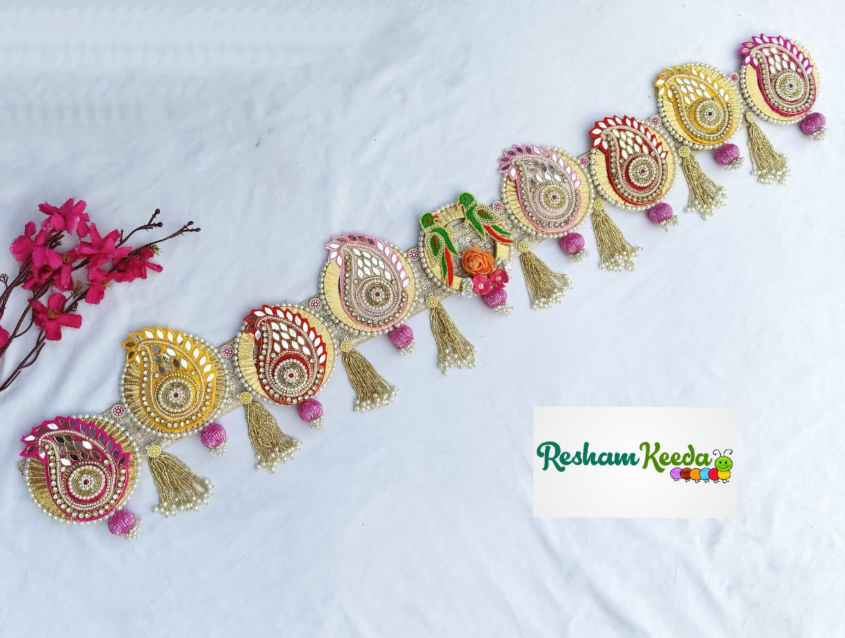 Premium Quality Designer Handcrafted Mirror Work Kairi Design Parrot Bandarwal Toran Bandhanwar with Beautiful Tussels For Diwali Festival Door Home Decoration Grah Pravesh House Warming and Wedding Gifting