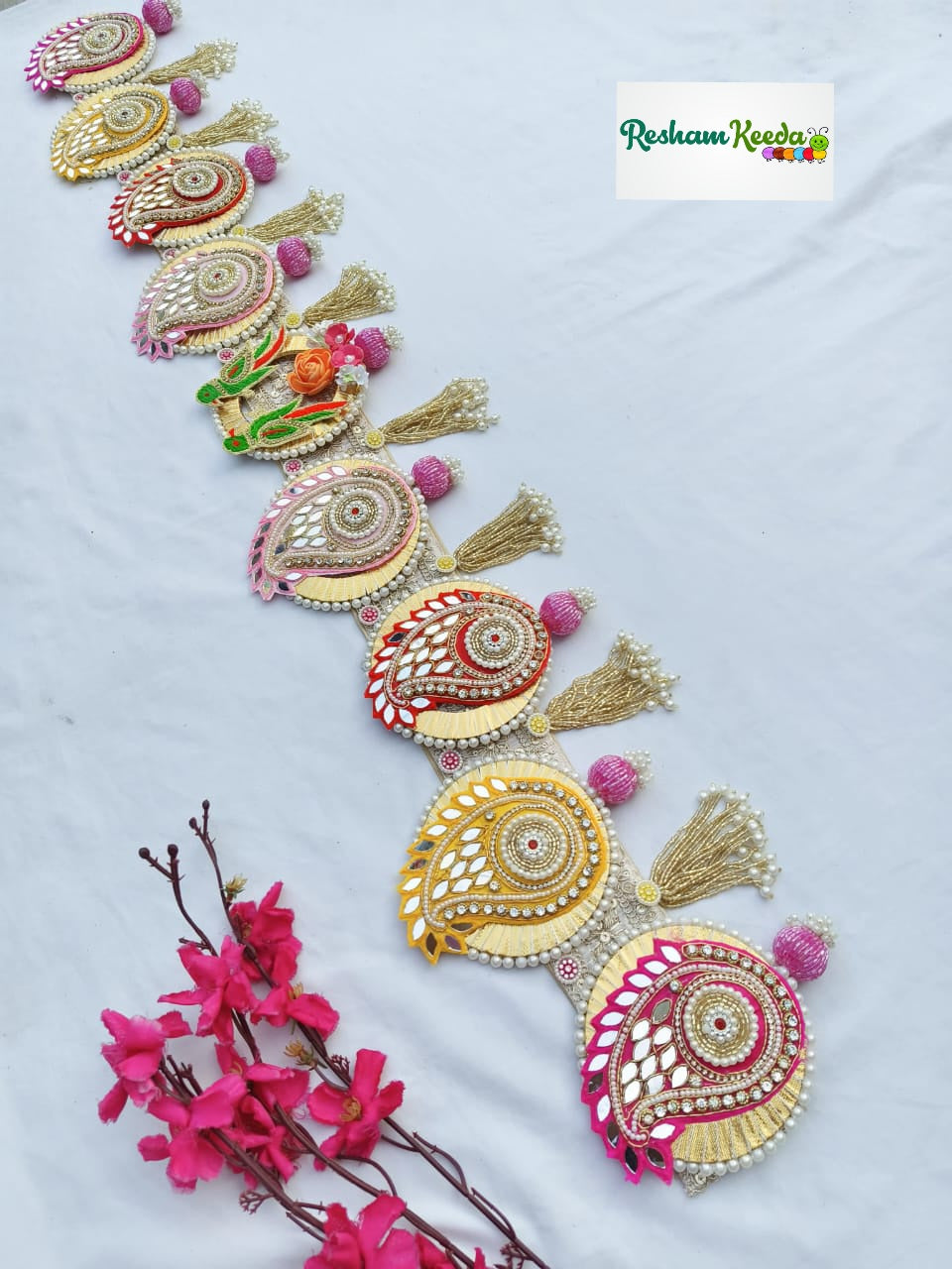 Premium Quality Designer Handcrafted Mirror Work Kairi Design Parrot Bandarwal Toran Bandhanwar with Beautiful Tussels For Diwali Festival Door Home Decoration Grah Pravesh House Warming and Wedding Gifting