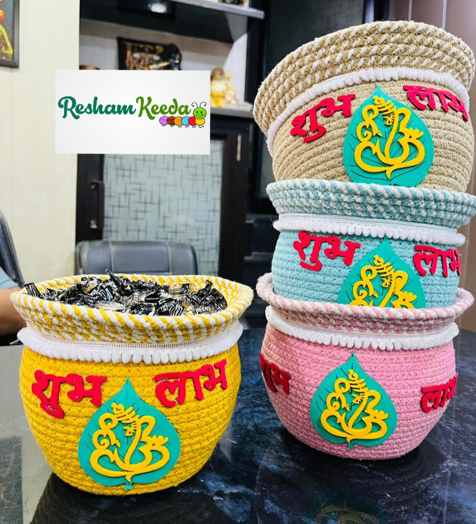 Budget Friendly Premium Shubh Labh Ganpati Ganeshji Paan Cotton Baskets for Diwali Festive Gifting Return Favours Giveaways and Multipurpose Storage Usage