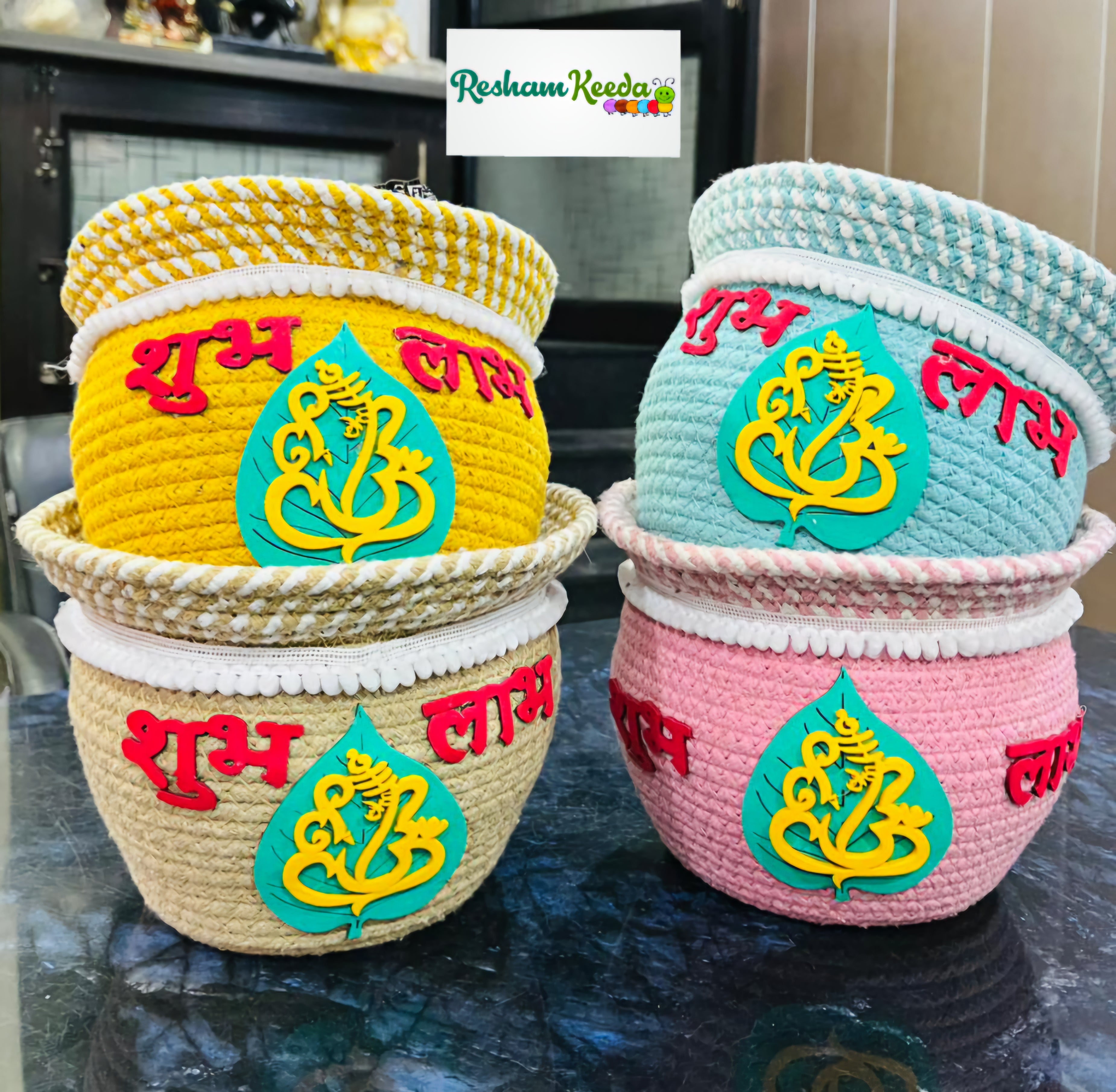 Budget Friendly Premium Shubh Labh Ganpati Ganeshji Paan Cotton Baskets for Diwali Festive Gifting Return Favours Giveaways and Multipurpose Storage Usage