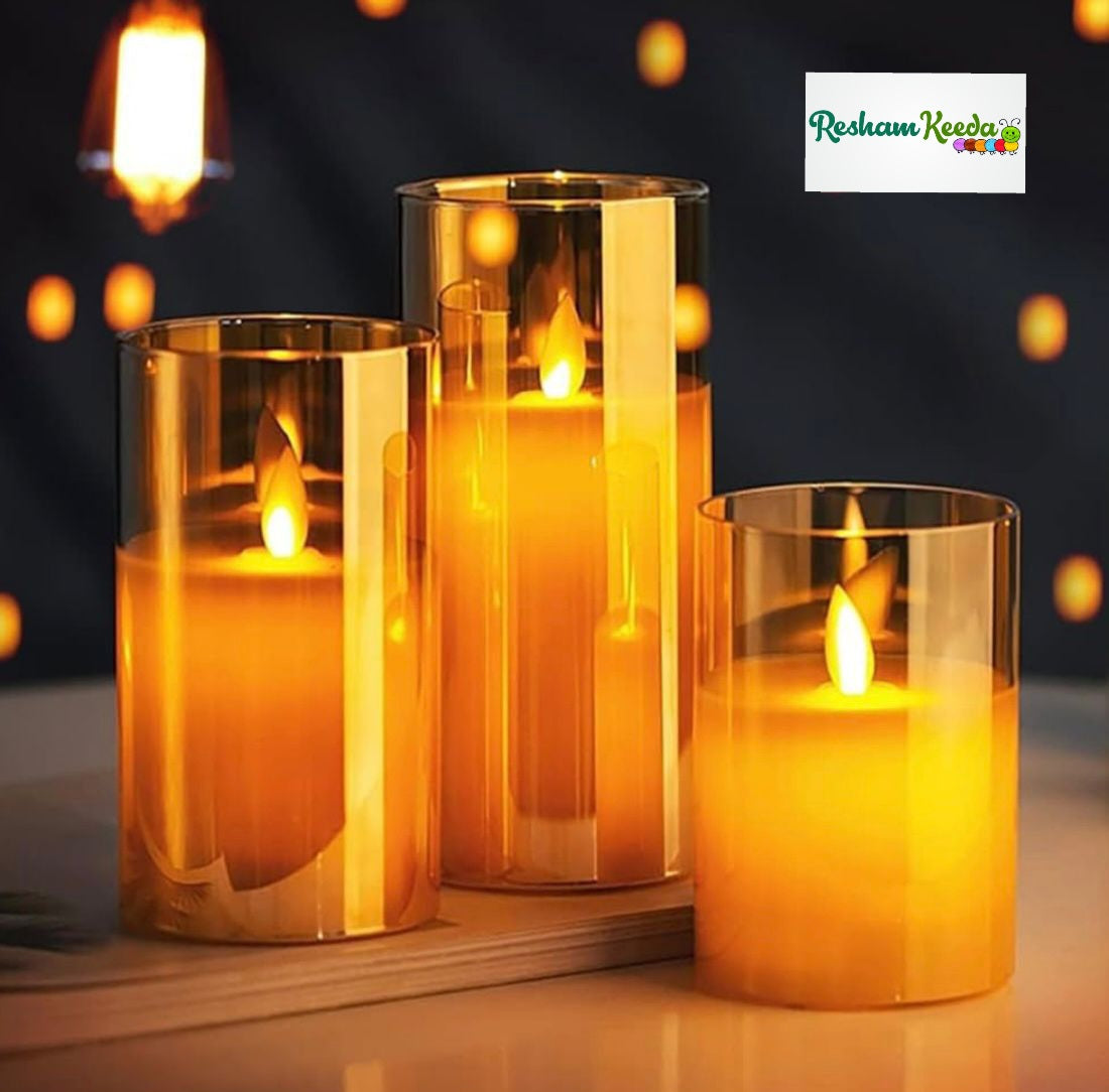 Easy-to-Use and Safe Flameless Smokeless Flickering Pillar Candles LED Lights for All Occasions Birthday / Diwali / Ganesh Pooja / Events & Festive Decoration (Pack of 3)