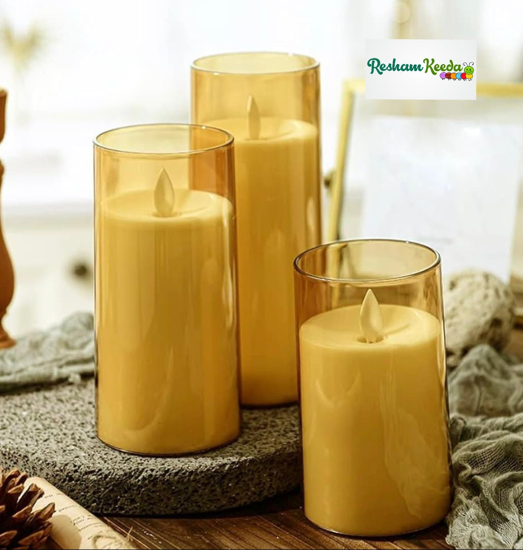 Easy-to-Use and Safe Flameless Smokeless Flickering Pillar Candles LED Lights for All Occasions Birthday / Diwali / Ganesh Pooja / Events & Festive Decoration (Pack of 3)