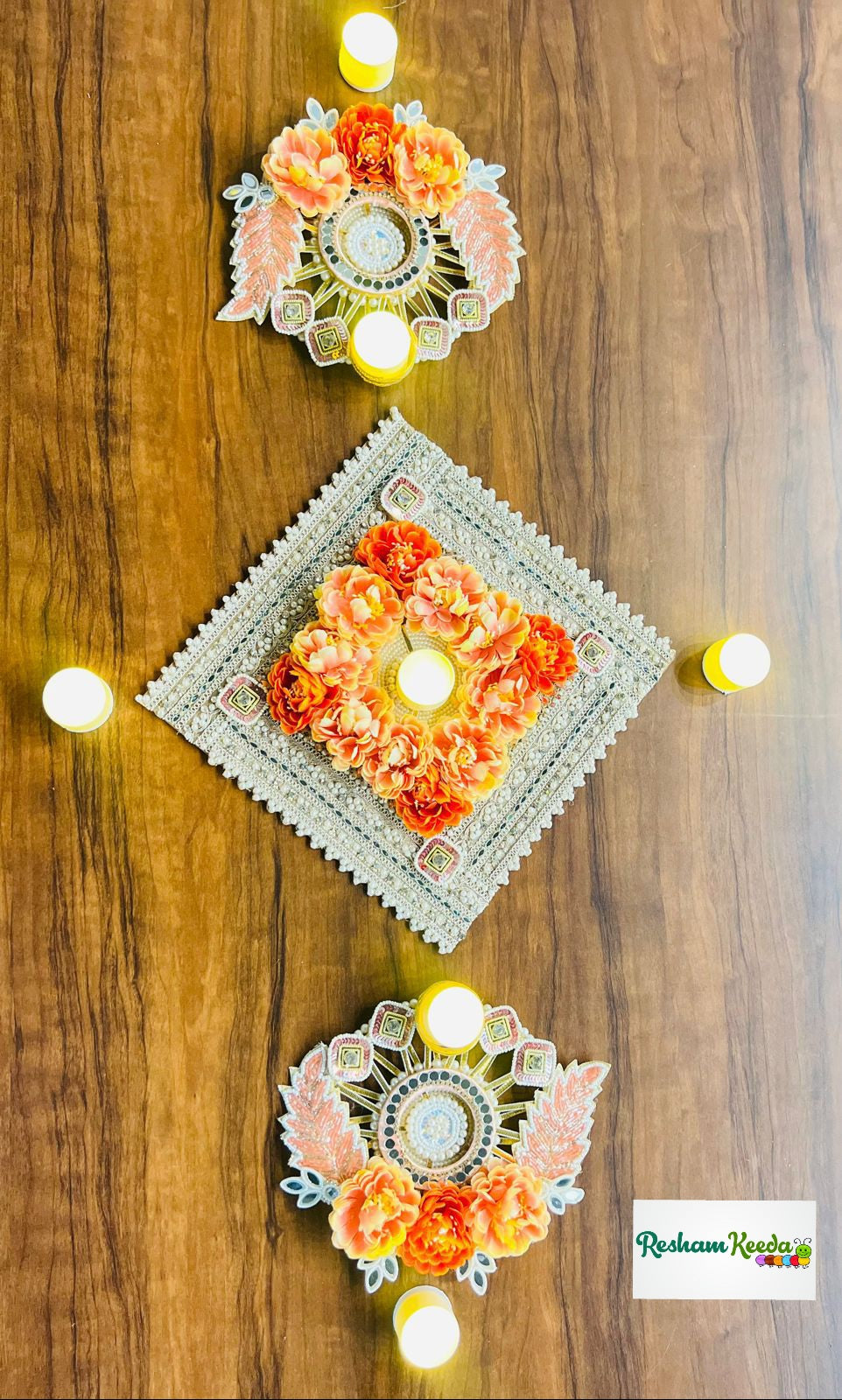 Readymade Handcrafted Leaves Floral Rangoli Platter with Tlight and Candle Holders for Wedding Diwali Navratri Festival and Home Decoration (Set of 3)