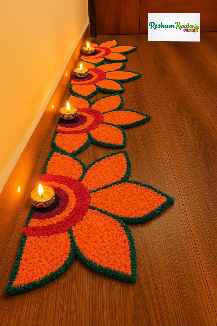 Beautiful Lotus Theme Feather Yarn Readymade Rangoli Mats for Corner and Staircase Home Decoration in Diwali Navratri Festival Wedding and Gifting (Set of 4 pieces)