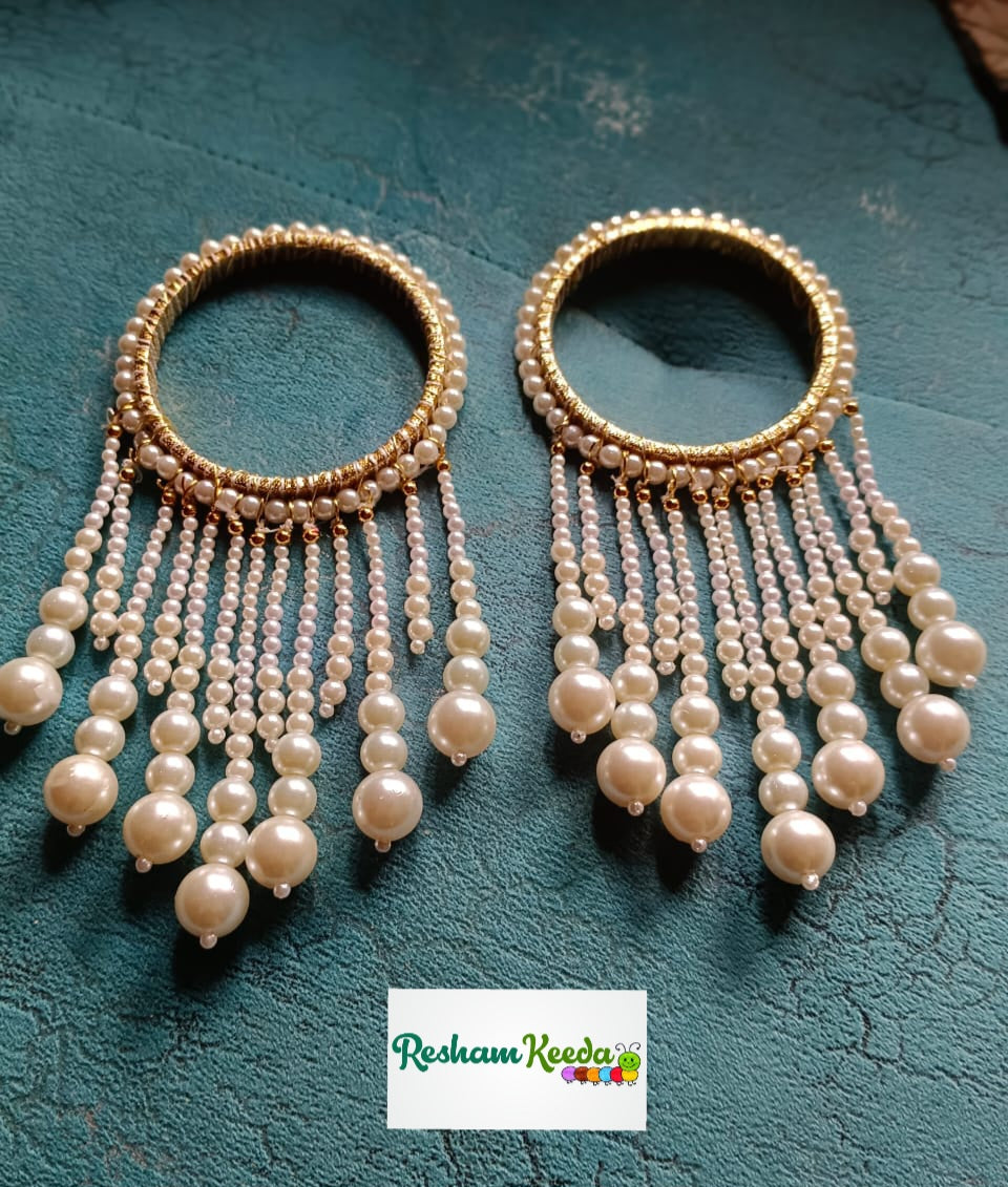 Beautiful Customizable White Motifs Pearl Bangles Kaleere Latkan Pair for Haldi Mehendi Sangeet Anand Karaj Ceremony Wedding and All Other Events