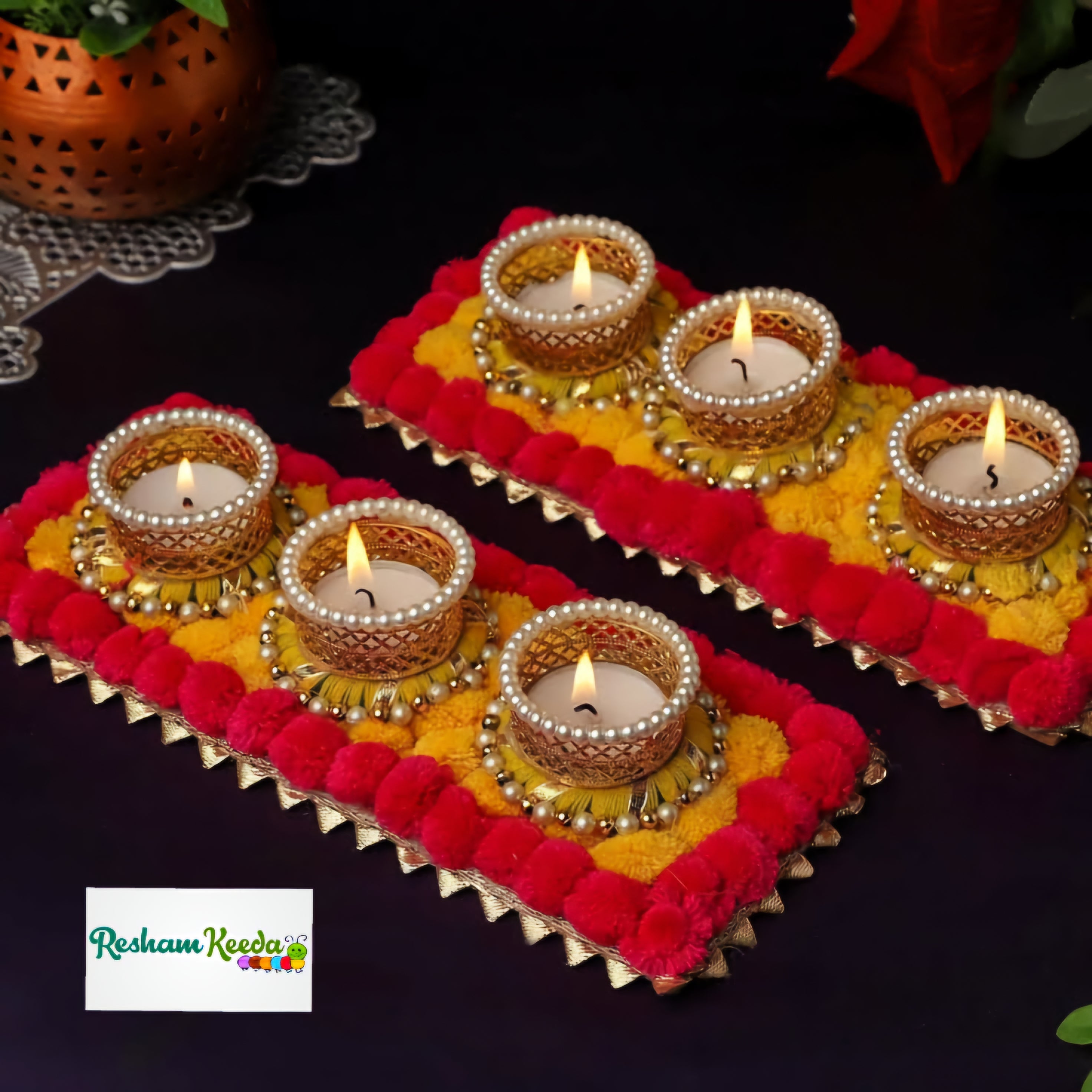 Beautiful Budget Friendly Readymade Handcrafted Pom Pom Rangoli Platter with Tlight and Candle Holders for Wedding Diwali Festival and Home Decoration (Pack of 2)