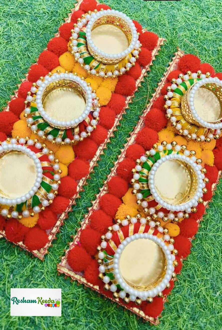 Beautiful Budget Friendly Readymade Handcrafted Pom Pom Rangoli Platter with Tlight and Candle Holders for Wedding Diwali Festival and Home Decoration (Pack of 2)