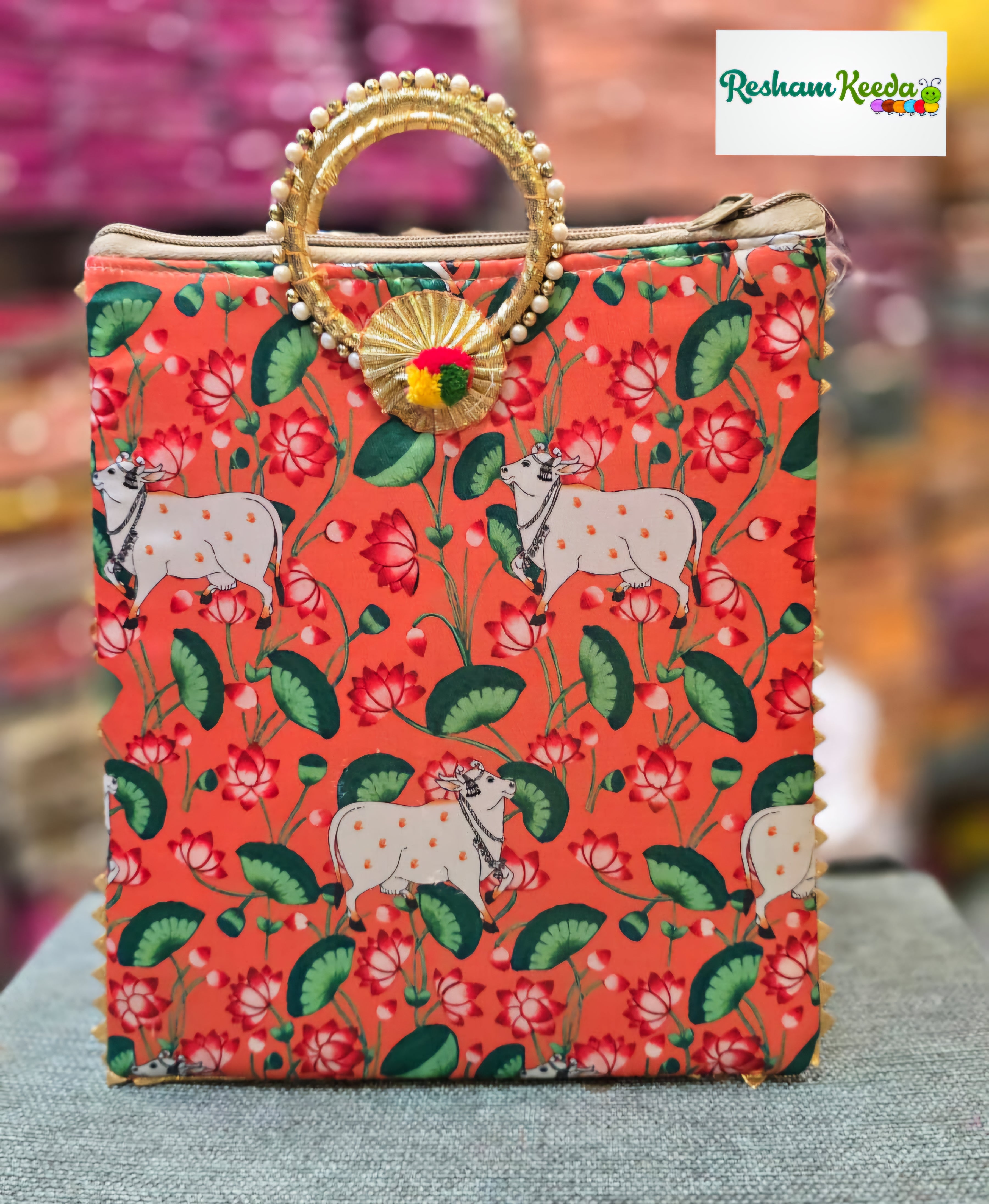 Premium Quality Digital Pichwai Cow Print Potli Perfect for Return Gift Favours Giveaways in Teej Haldi Mehendi and Wedding Events (Pack of 10)