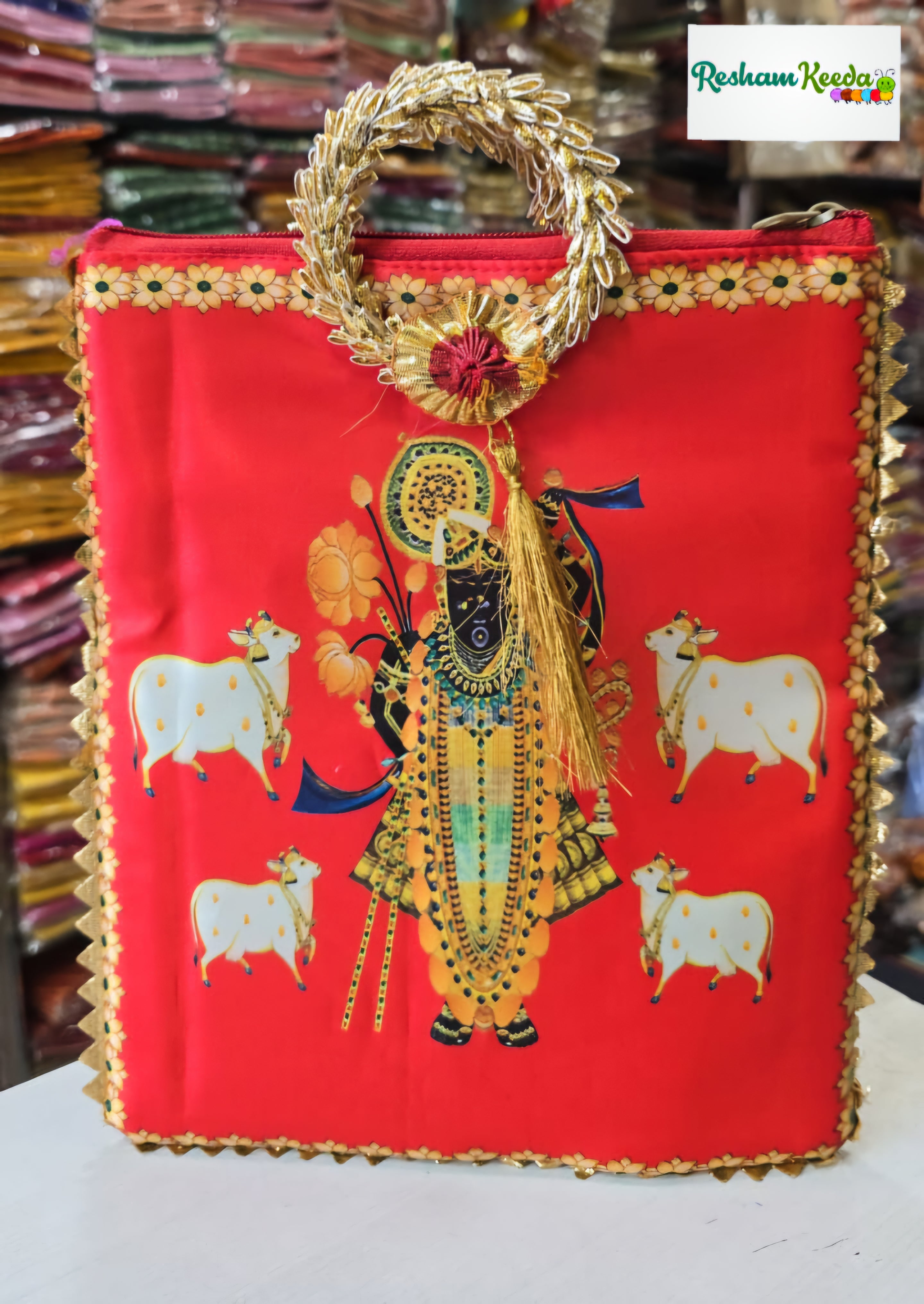 Premium Quality Digital Pichwai Srinathji Cow Print Potli Perfect for Return Gift Favours Giveaways in Teej Haldi Mehendi and Wedding Events (Pack of 10)
