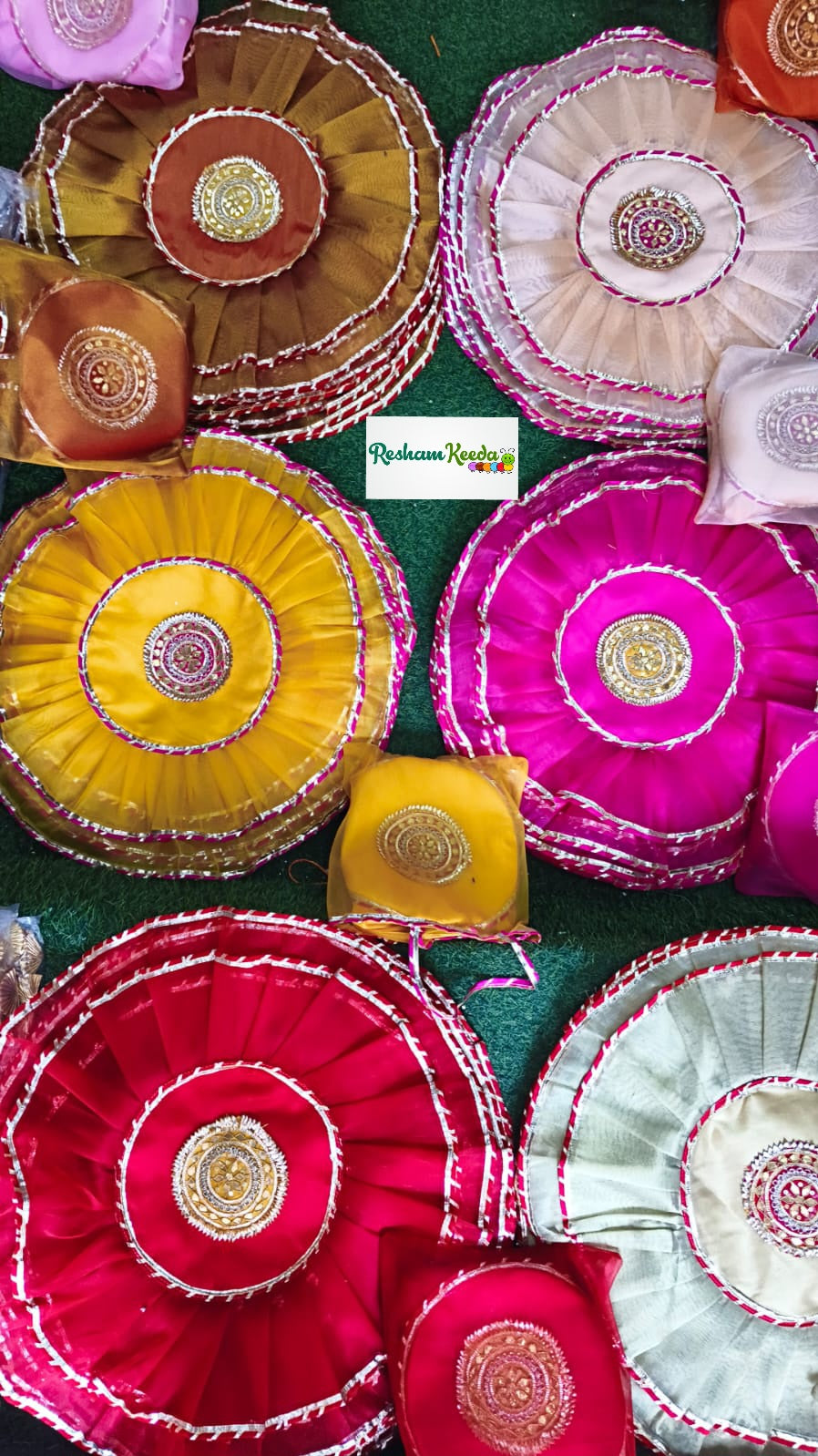 Premium Quality Double Layer Gota Patti Tissue Organza Pooja Thali Cover with Bags for Diwali Karvachauth Pooja Gifting Giveaways and Return Favours (24 inches; Pack of 10)