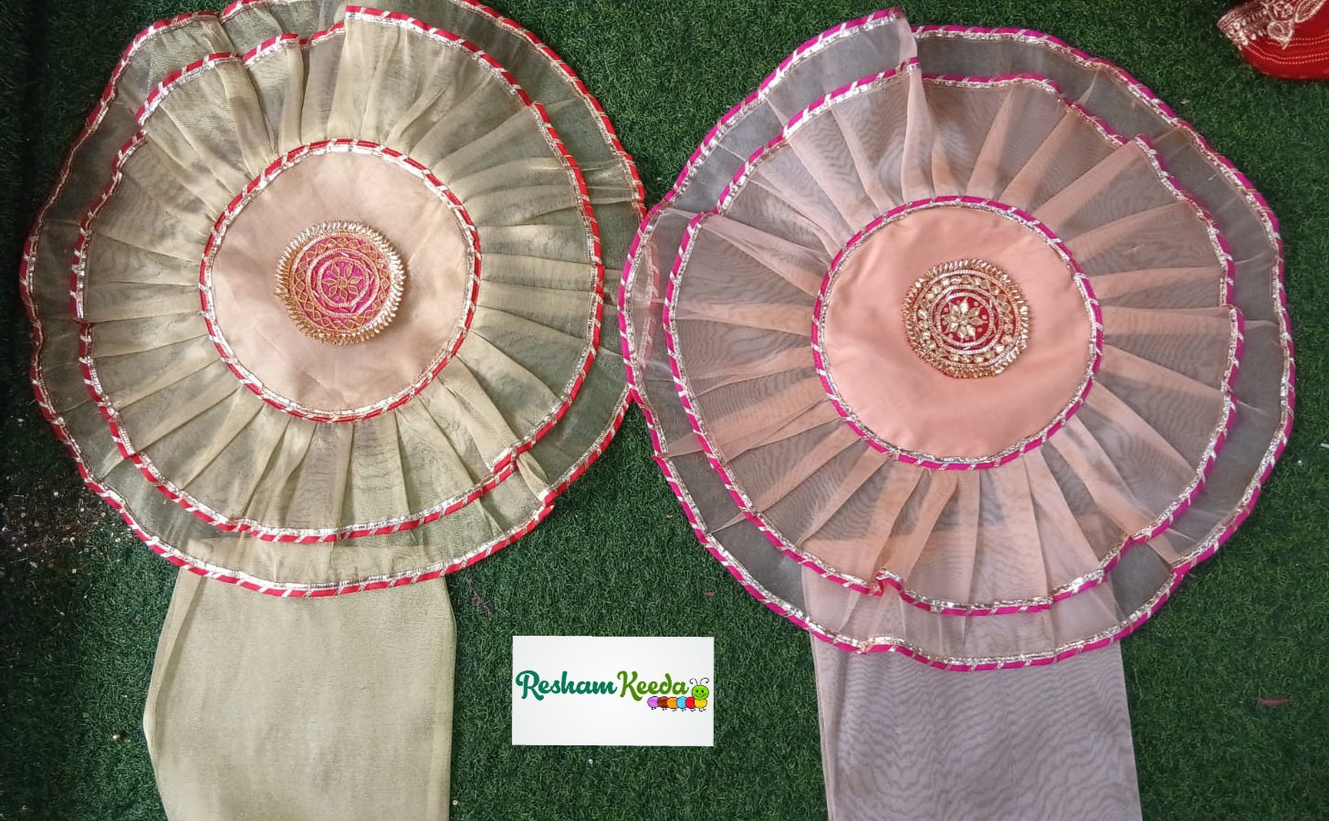 Premium Quality Double Layer Gota Patti Tissue Organza Pooja Thali Cover with Bags for Diwali Karvachauth Pooja Gifting Giveaways and Return Favours (24 inches; Pack of 10)
