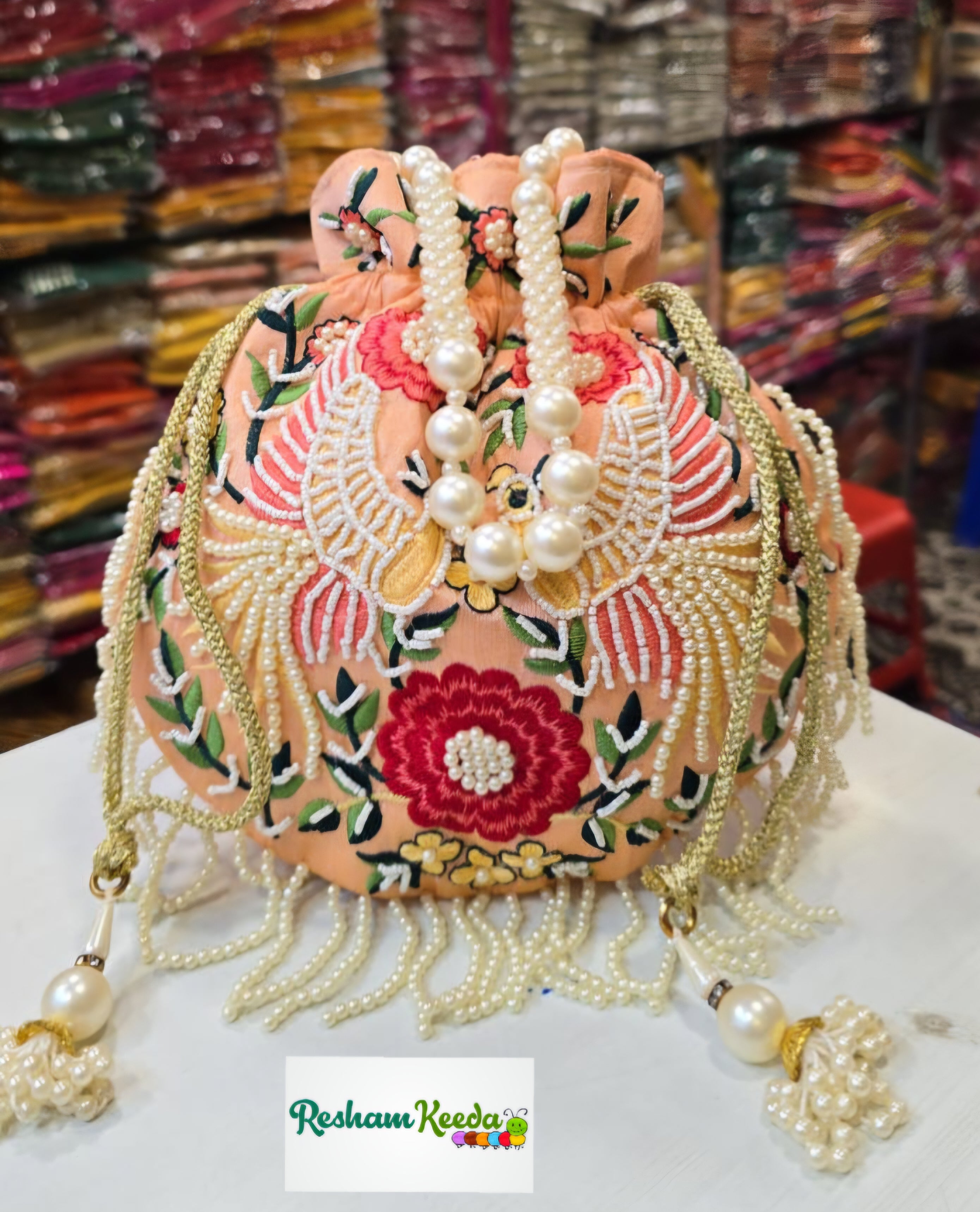 Premium Designer Bird Baaz Hawk Beads Motifs Floral Handwork with Pearl Handle Perfect for Return Gift Favours Giveaways in Teej Parties Haldi Mehendi Diwali Festive and Wedding Events