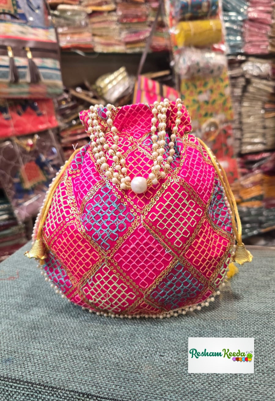 Budget Friendly Heavy Embroidery Jaipuri Potli Purses with Pearl Handle (Set of 10) - Perfect for Return Gift on Diwali, Haldi, Mehandi Teej Parties & Wedding Events Gifting Giveaways Return Favours