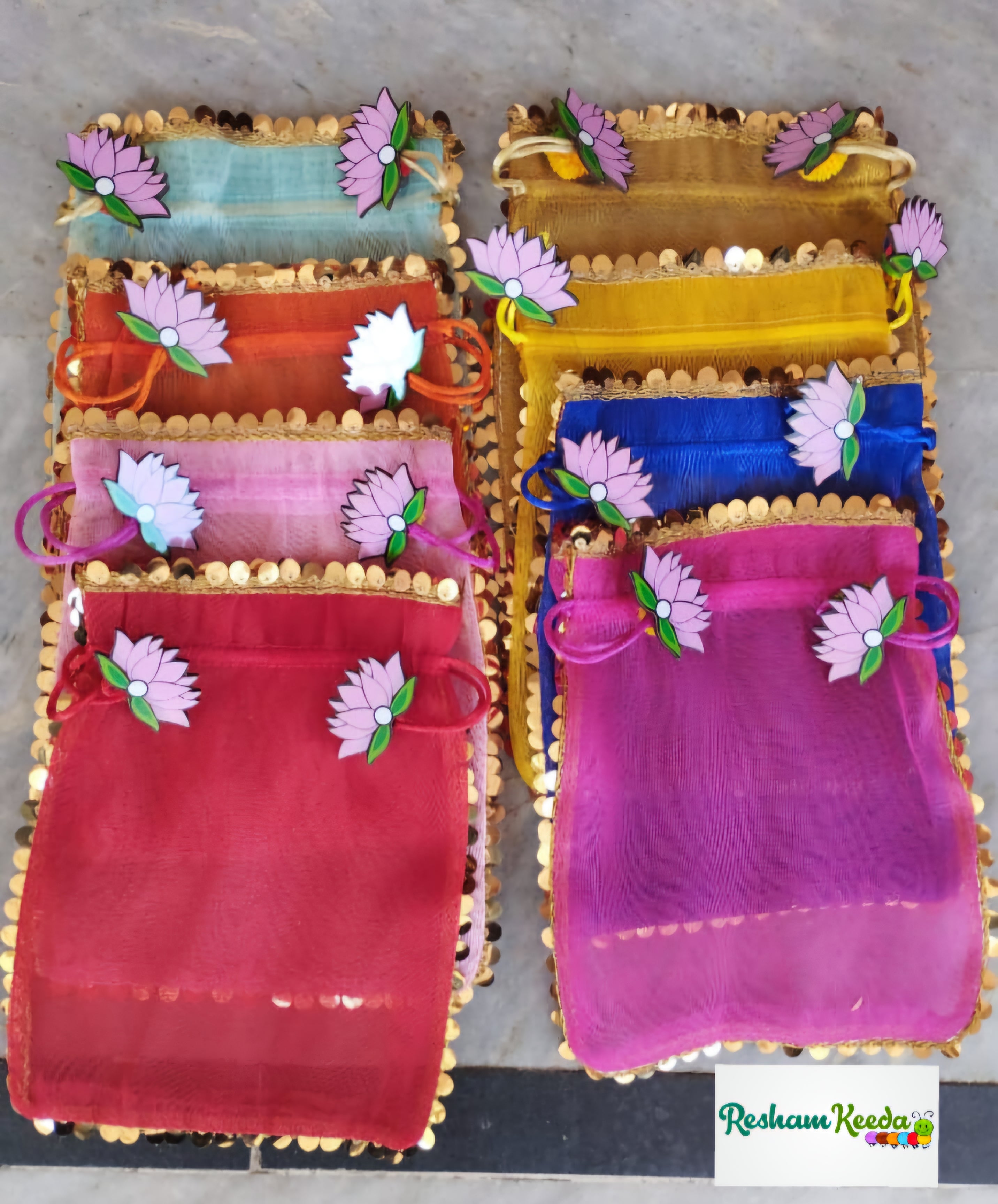 Organza Potlis with Lotus Bootis Perfect for Diwali Navratri House Warming Haldi Mehendi Babyshower and Wedding Gifting (Pack of 20)
