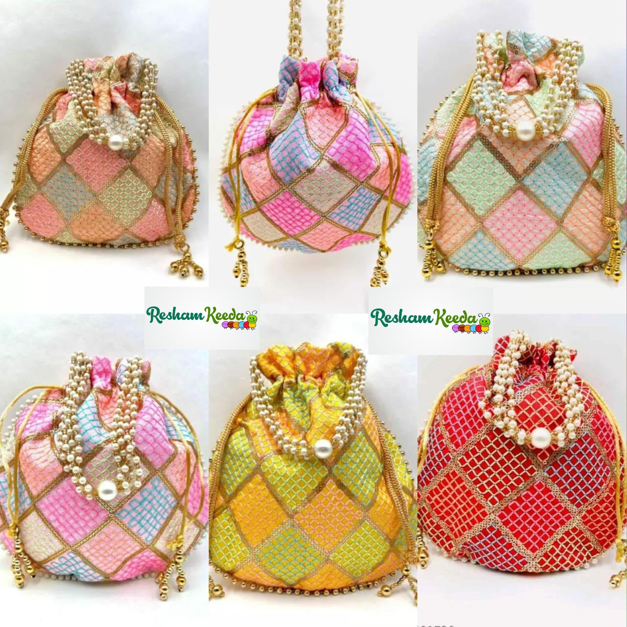 Budget Friendly Heavy Embroidery Jaipuri Potli Purses with Pearl Handle (Set of 10) - Perfect for Return Gift on Diwali, Haldi, Mehandi Teej Parties & Wedding Events Gifting Giveaways Return Favours