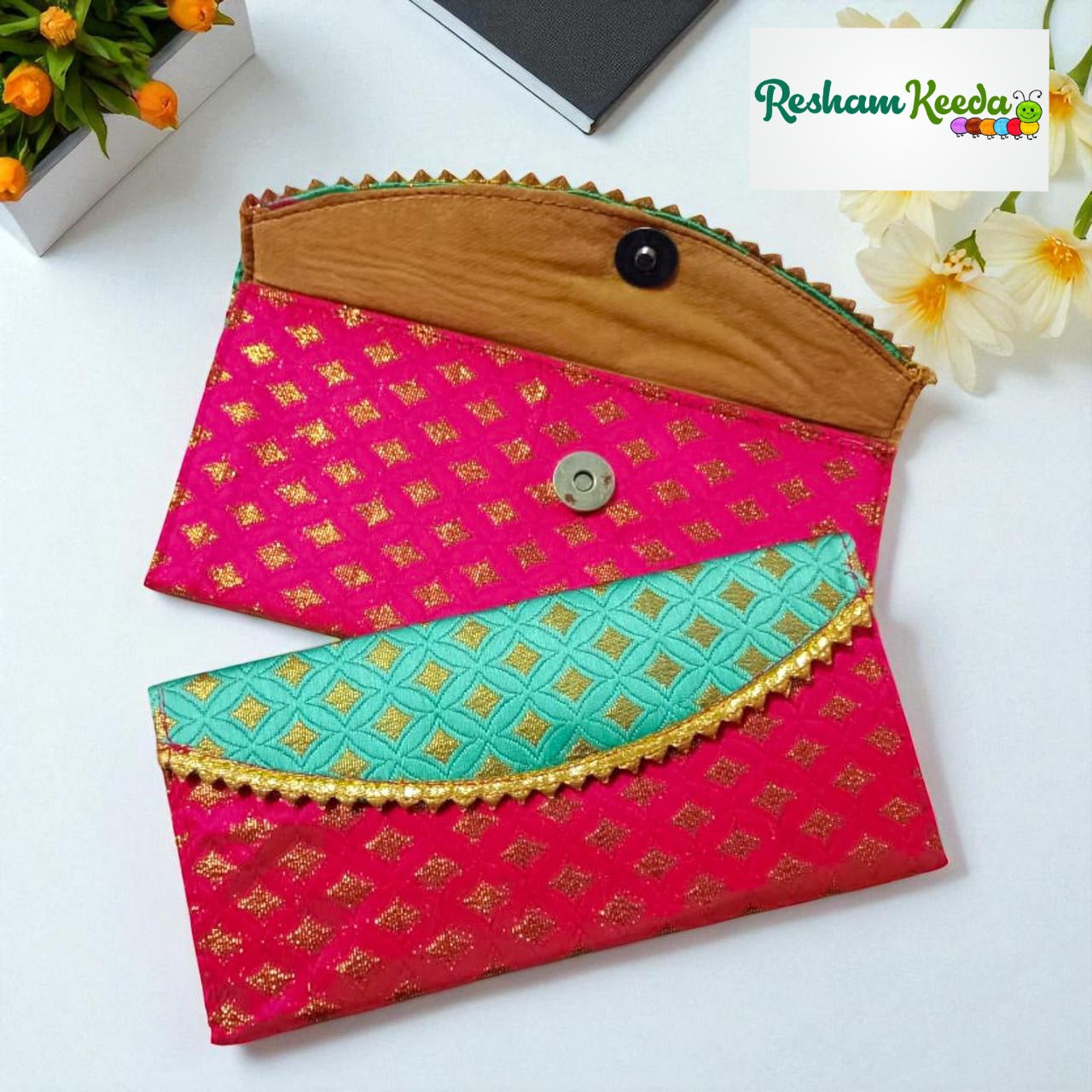 Beautiful Brocade Print Shagun Lifafa Envelopes with Magnetic Closure For Haldi Mehendi Teej Sinjare Return Favours Giveaways and Wedding Festive Gifting (Pack of 10 pcs)