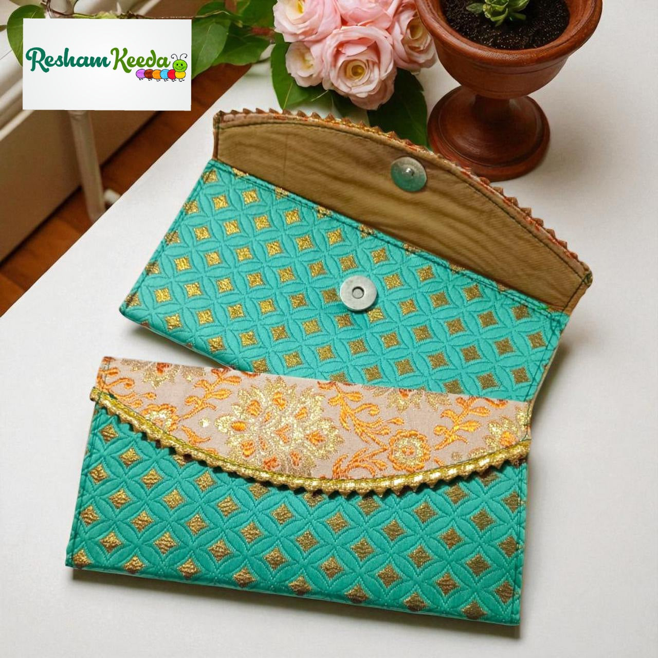 Beautiful Brocade Print Shagun Lifafa Envelopes with Magnetic Closure For Haldi Mehendi Teej Sinjare Return Favours Giveaways and Wedding Festive Gifting (Pack of 10 pcs)