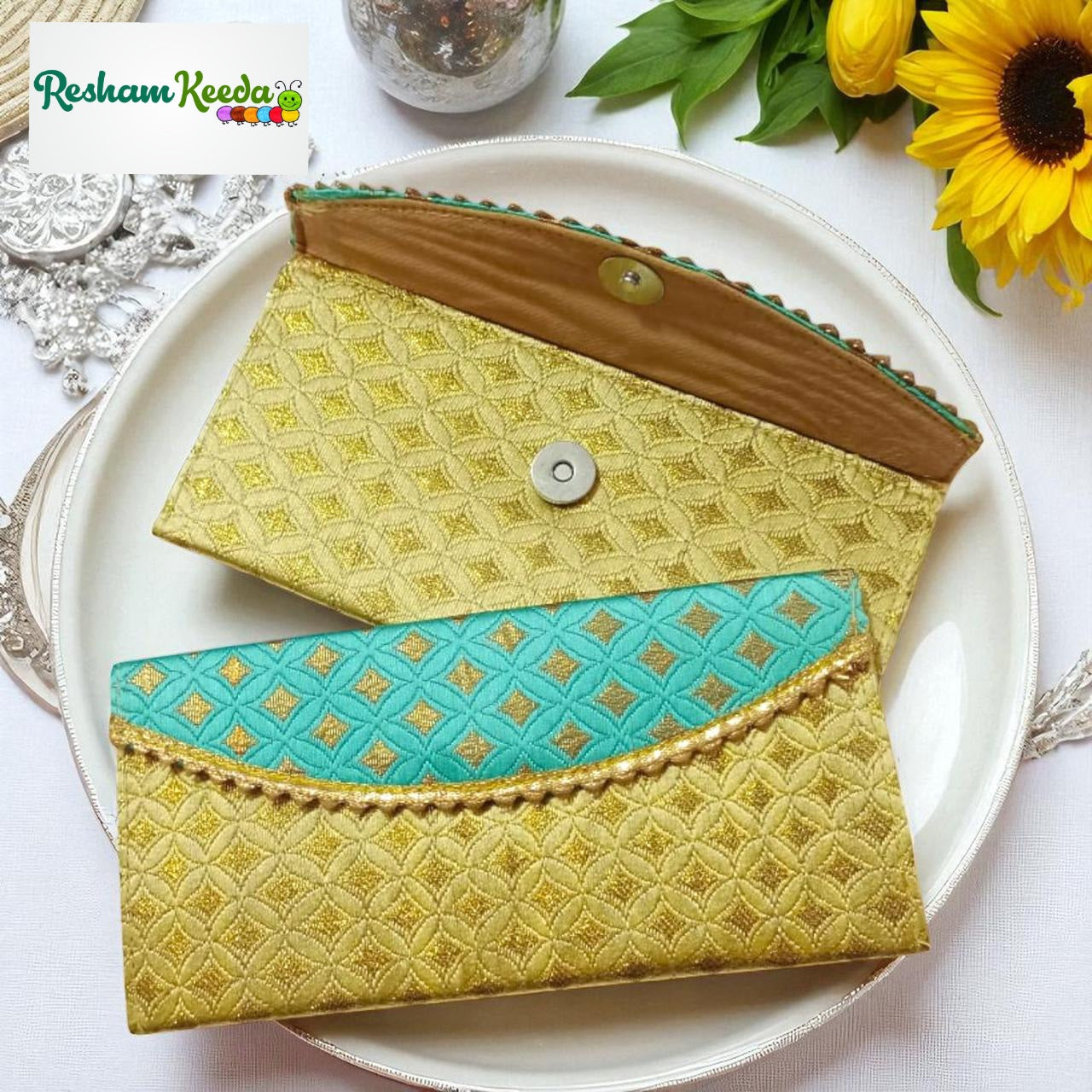 Beautiful Brocade Print Shagun Lifafa Envelopes with Magnetic Closure For Haldi Mehendi Teej Sinjare Return Favours Giveaways and Wedding Festive Gifting (Pack of 10 pcs)