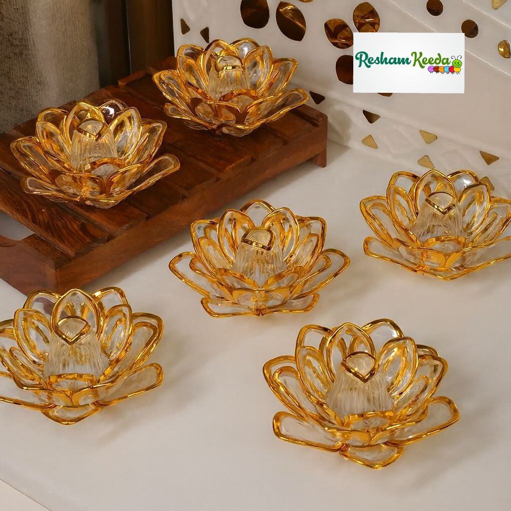 Easy-to-Use and Safe Flameless Smokeless Crystal Lotus Shape LED Lights for All Occasions Birthday / Diwali / Ganesh Pooja / Events & Festive Decoration (Pack of 6)