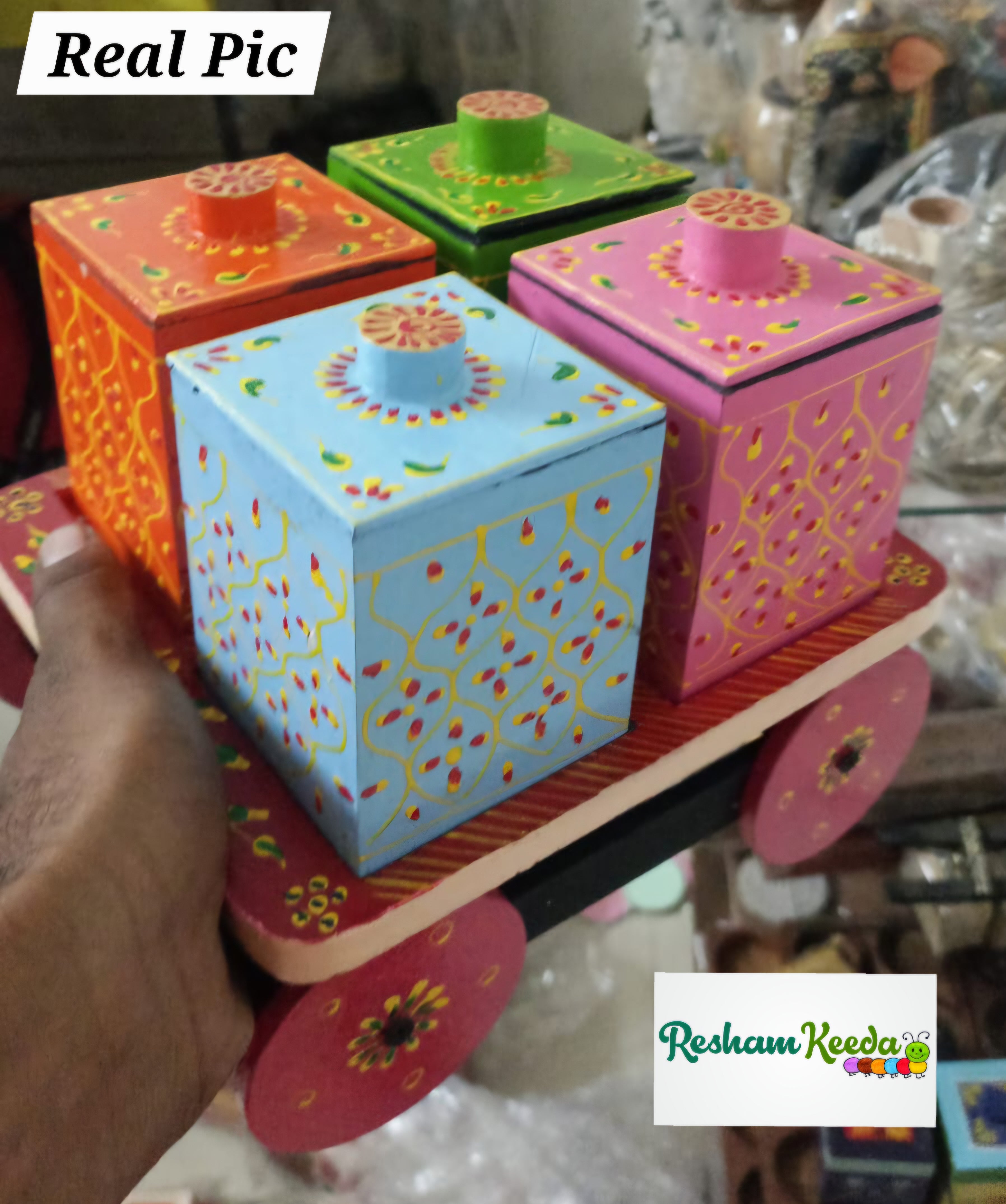 Hand Painted Decorative Wooden Dry Fruits Box and Wooden Cart - Perfect Decor Item for Dining Table and Diwali Festival and Gifting