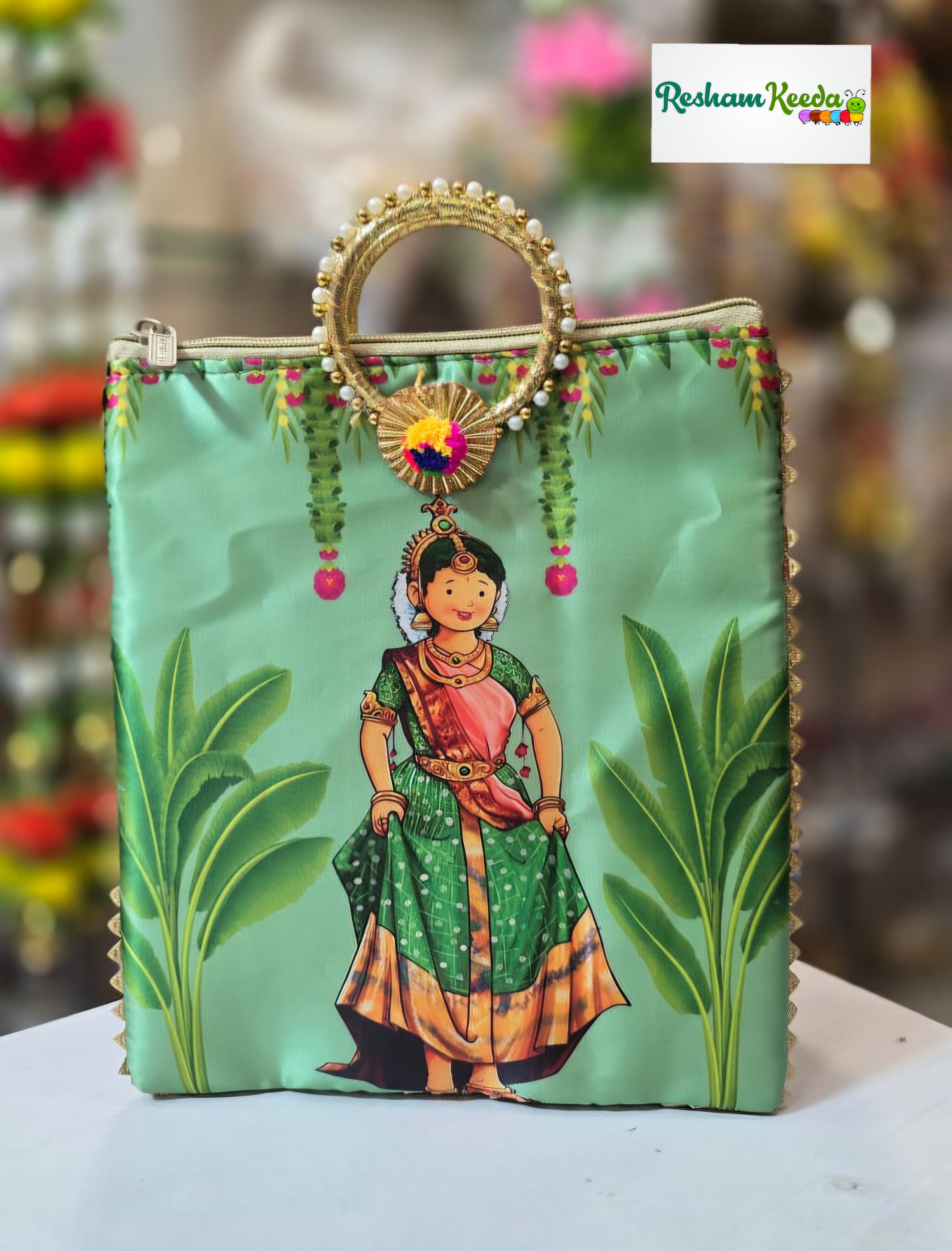 Budget Friendly Dulhan Bride Digital Printed Purses Potli with Pearl Bangle Handle and Zipper Closure Perfect for Return Gift Favours Giveaways in Teej Parties Haldi Mehendi Diwali Festive and Wedding Events
