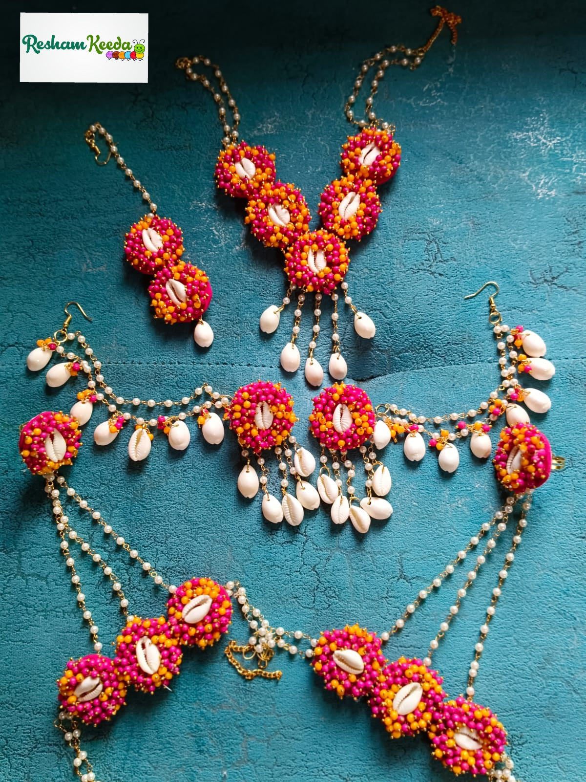 Beautiful Customizable Fabric Kaudi Motifs Shell Shankh Complete Jewelery Set for Haldi Mehendi Ceremony Wedding and All Other Events