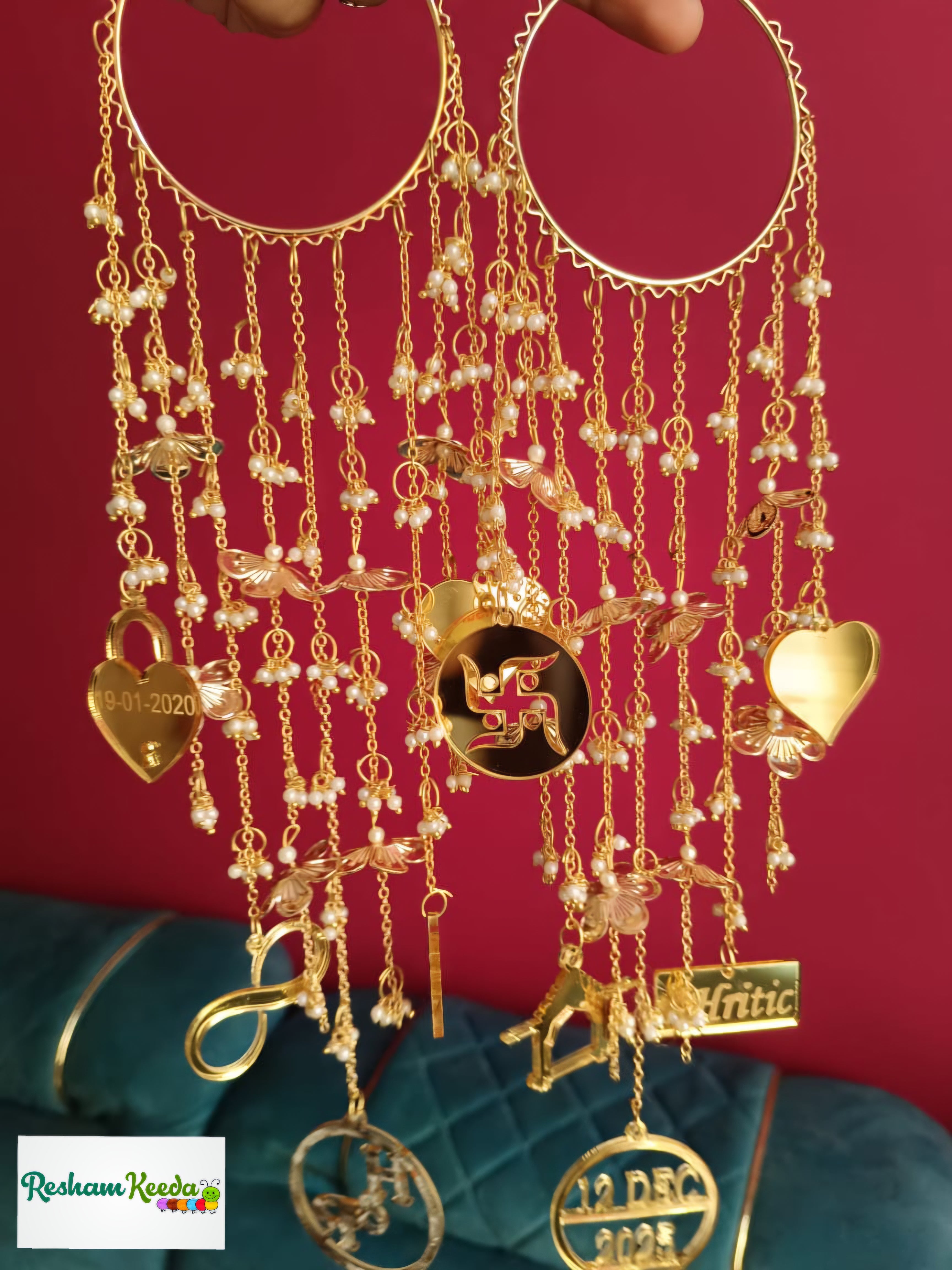 Beautiful Customizable Heavy Design Acrylic Charms Bridal Kaleere Latkan Pair for Haldi Mehendi Ceremony Anand Karaj Wedding and All Other Events with Name Initials and Date