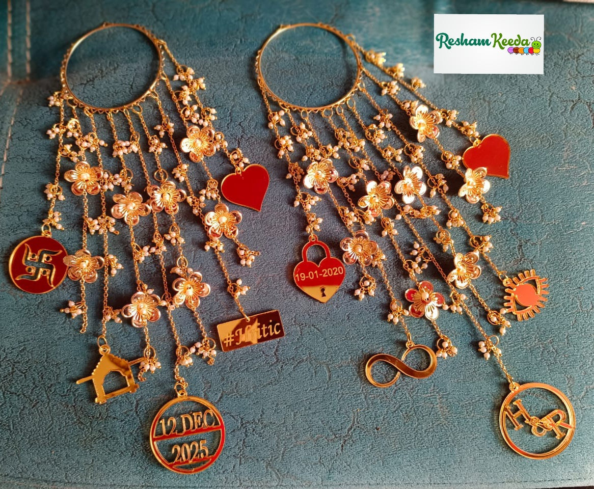 Beautiful Customizable Heavy Design Acrylic Charms Bridal Kaleere Latkan Pair for Haldi Mehendi Ceremony Anand Karaj Wedding and All Other Events with Name Initials and Date