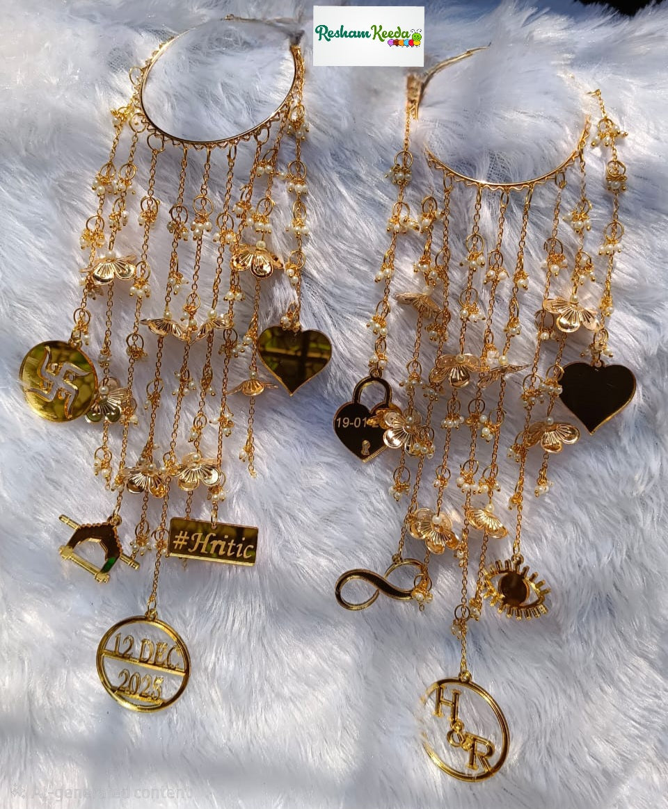 Beautiful Customizable Heavy Design Acrylic Charms Bridal Kaleere Latkan Pair for Haldi Mehendi Ceremony Anand Karaj Wedding and All Other Events with Name Initials and Date