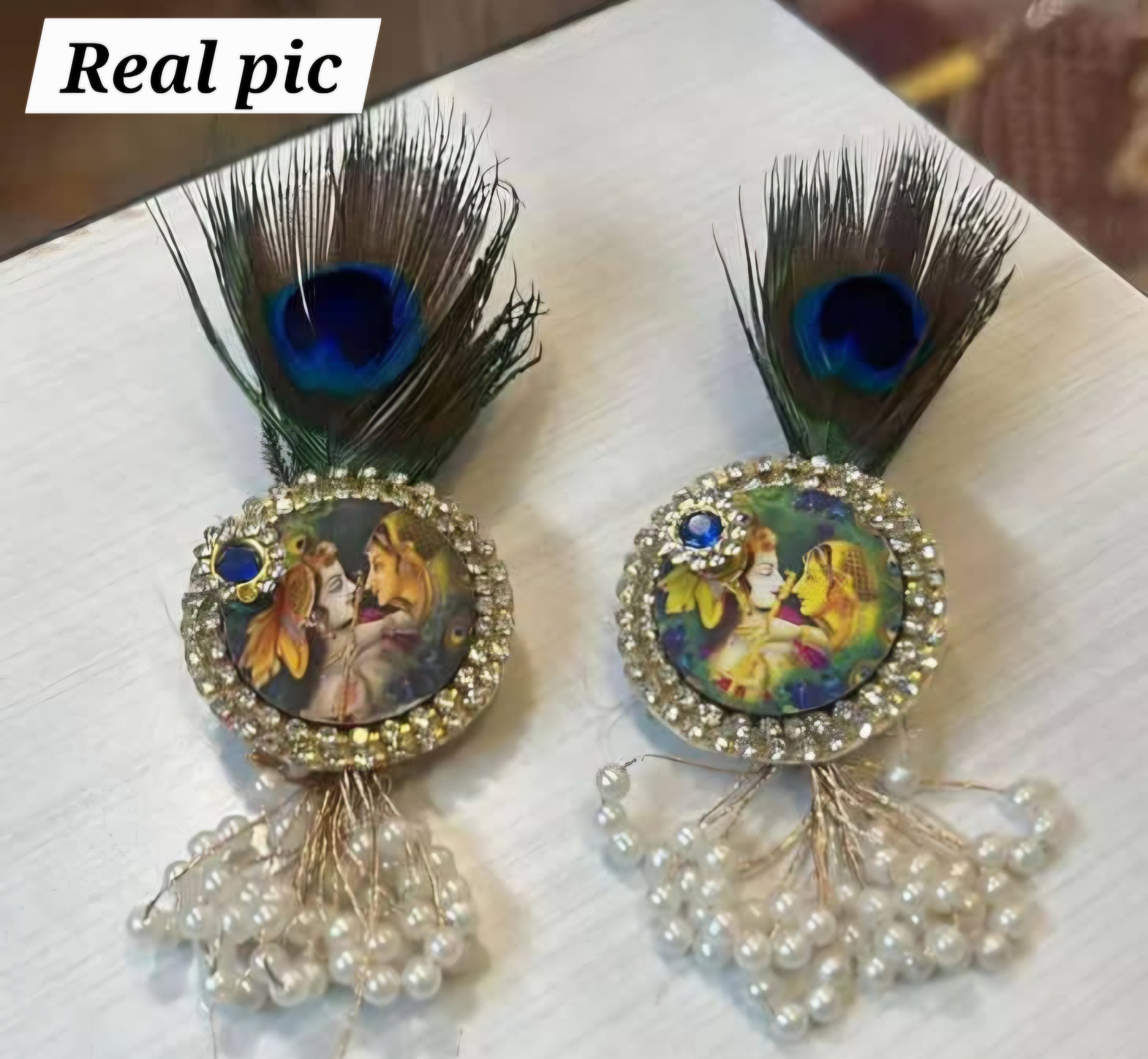 Beautiful Radha Krishna Kishan Brooches with Morpankh for Haldi Mehendi Swagat Baarat Wedding and Other Events (Pack of 20)